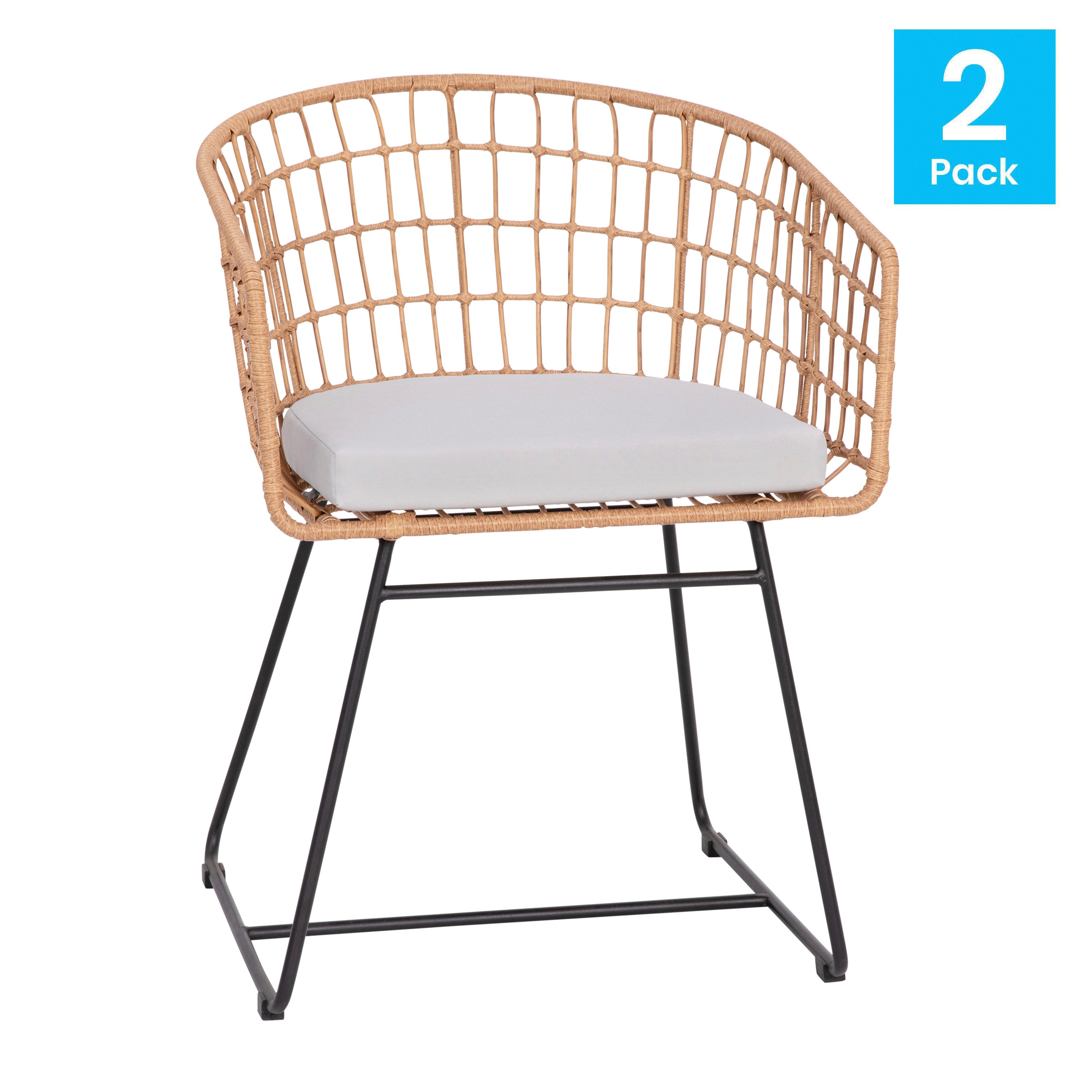 Devon Set of 2 Indoor/Outdoor Patio Boho Club Chairs, Rope with Natural PE Wicker Rattan, Light Gray Cushions and Sled Base