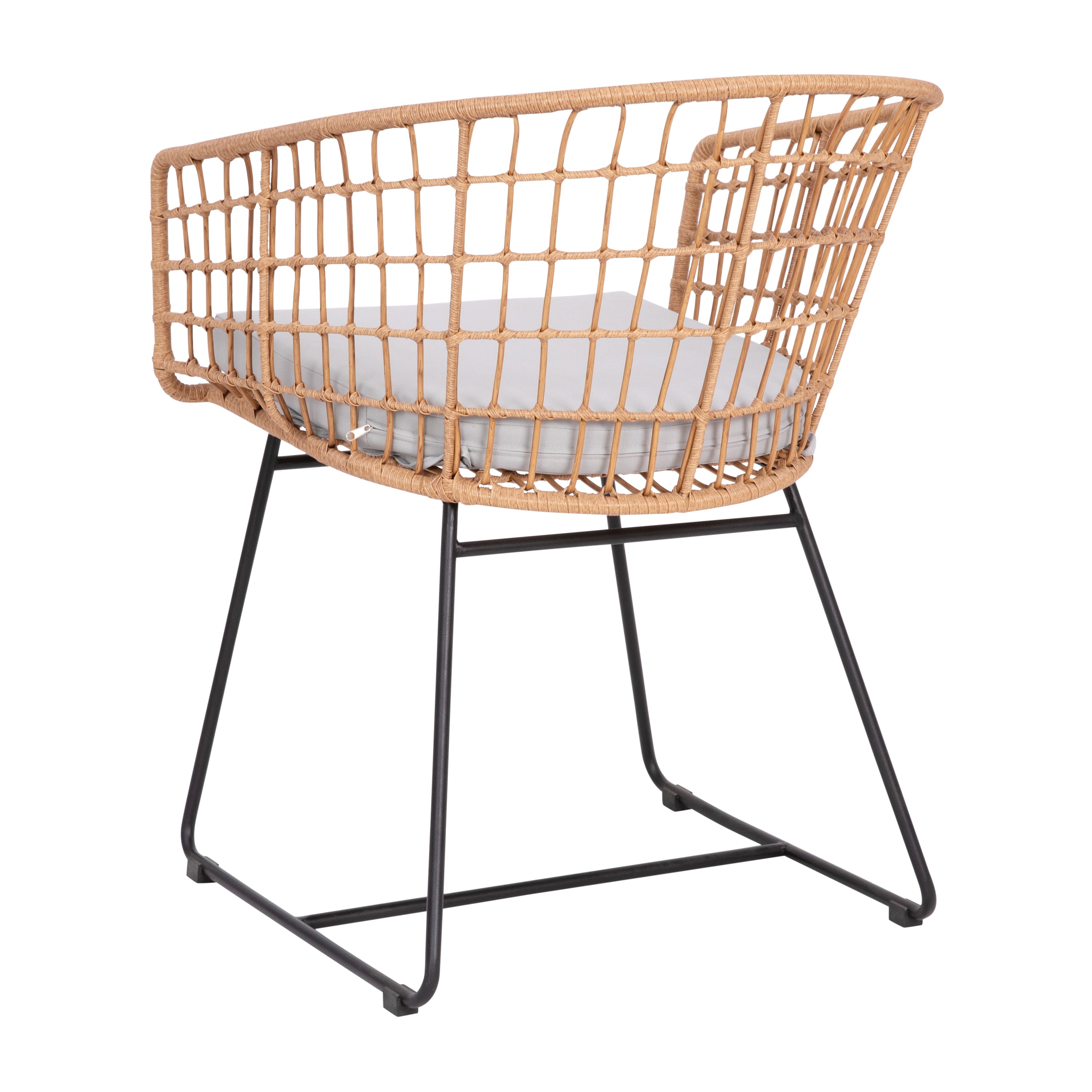 Devon Set of 2 Indoor/Outdoor Patio Boho Club Chairs, Rope with Natural PE Wicker Rattan, Light Gray Cushions and Sled Base