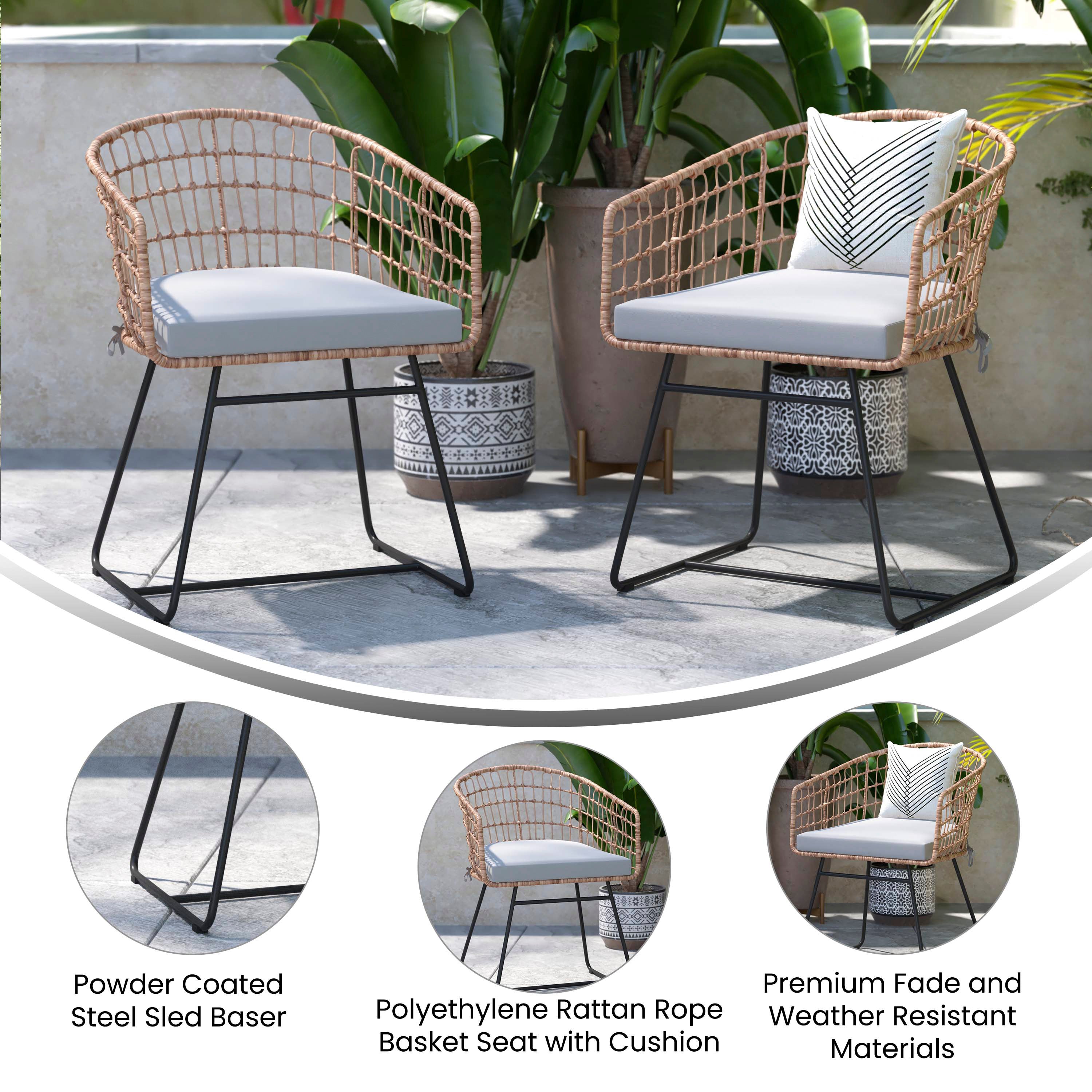 Devon Set of 2 Indoor/Outdoor Patio Boho Club Chairs, Rope with Natural PE Wicker Rattan, Light Gray Cushions and Sled Base