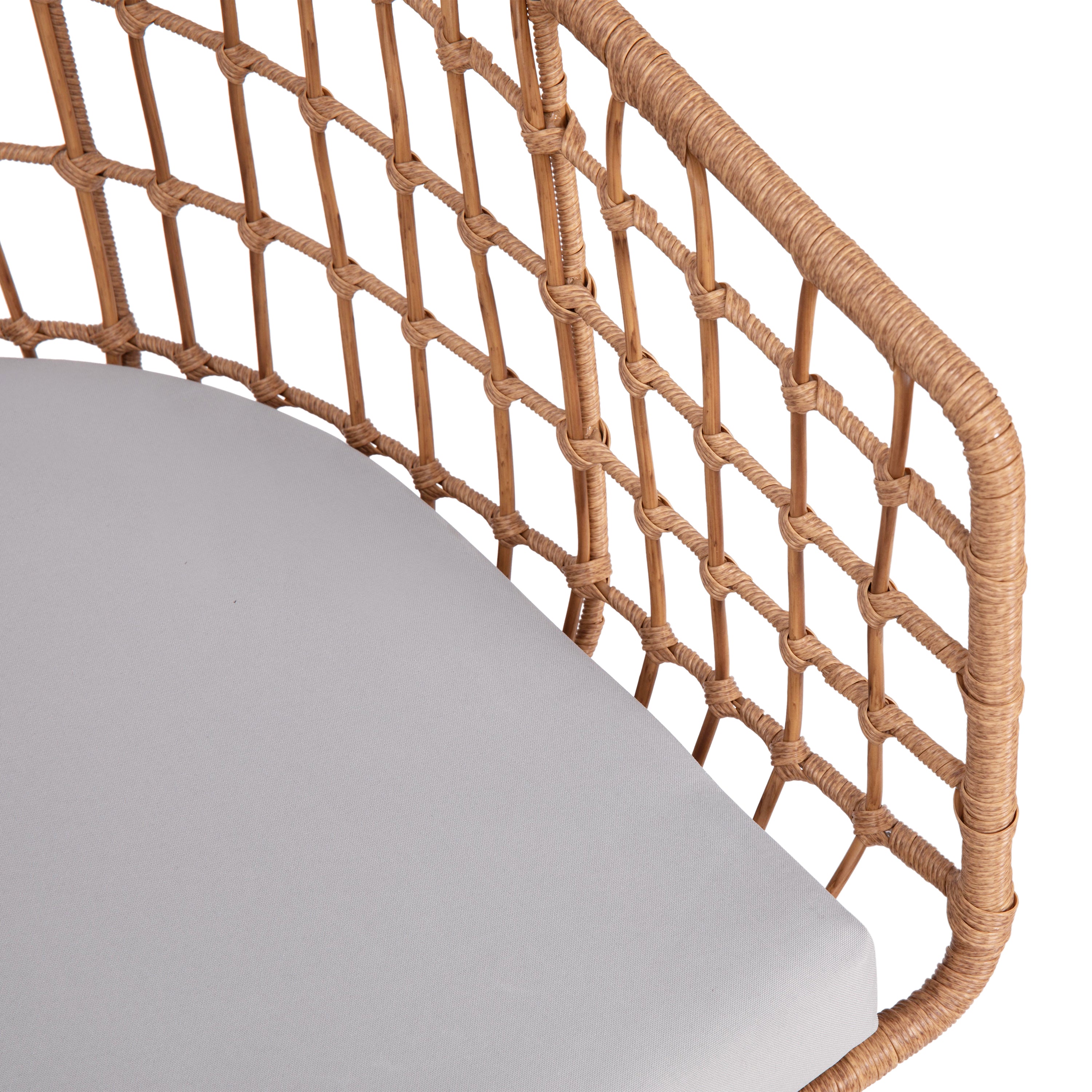 Devon Set of 2 Indoor/Outdoor Patio Boho Club Chairs, Rope with Natural PE Wicker Rattan, Light Gray Cushions and Sled Base