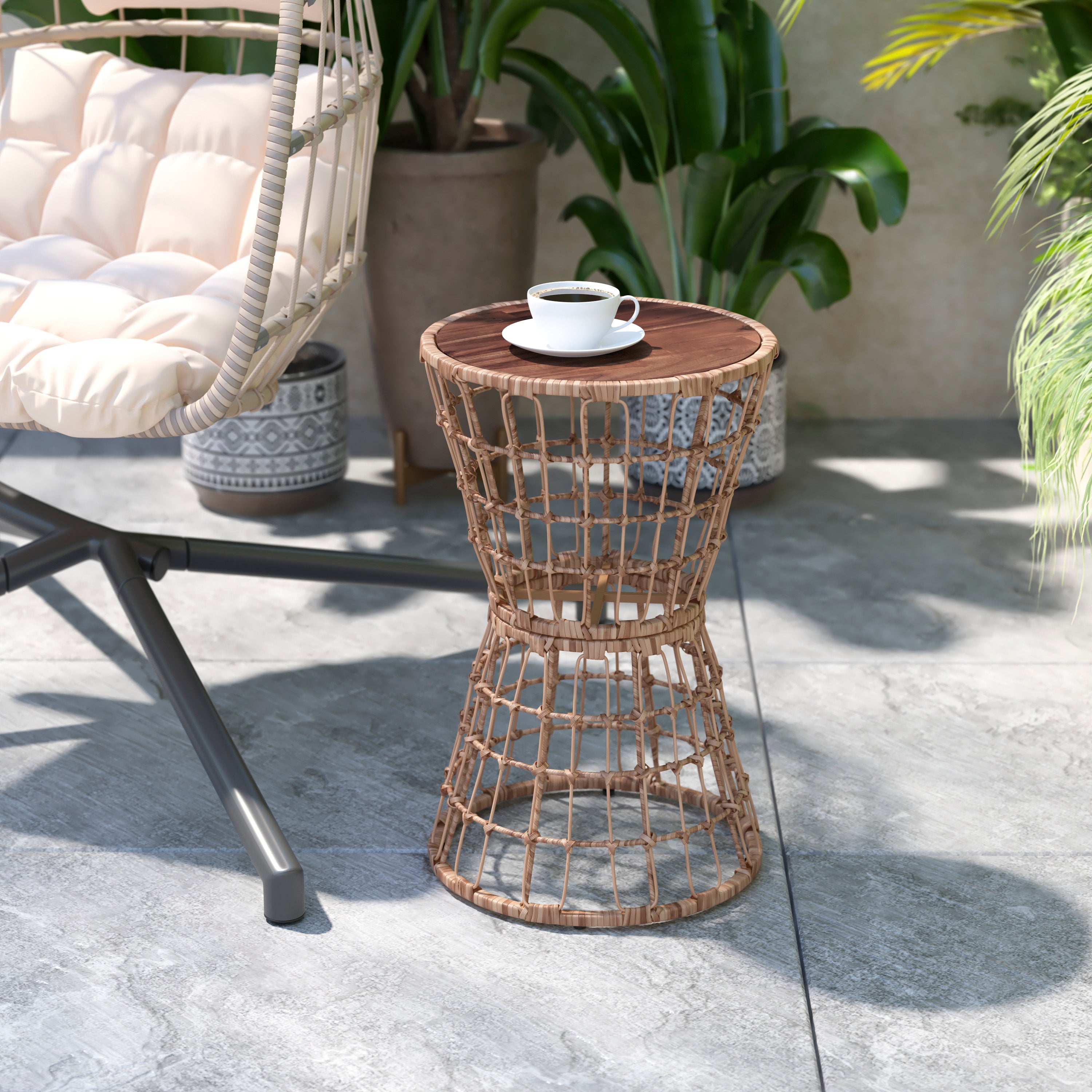 Devon Indoor/Outdoor Natural Finish Rattan Rope Table with Acacia Wood Top, Fade and Weather Resistant