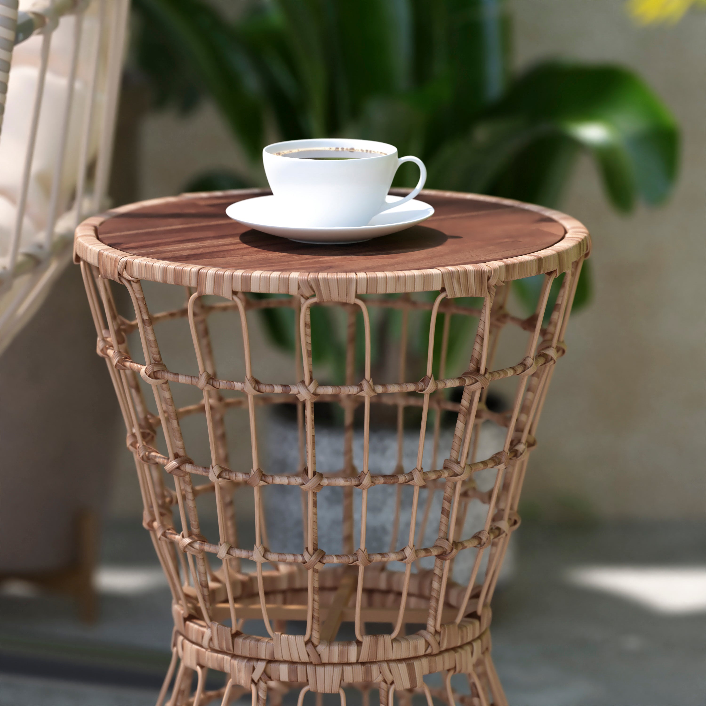 Devon Indoor/Outdoor Natural Finish Rattan Rope Table with Acacia Wood Top, Fade and Weather Resistant