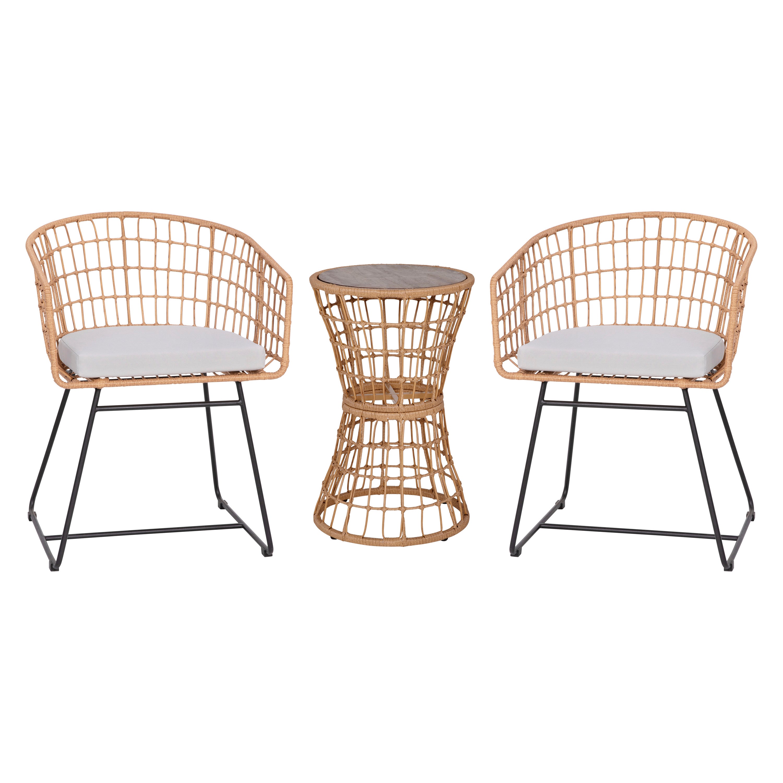 Devon 3-Piece Natural Patio Bistro Set, Indoor/Outdoor Rattan Rope Chairs, Acacia Wood Top Table & Light Gray Seat Cushions