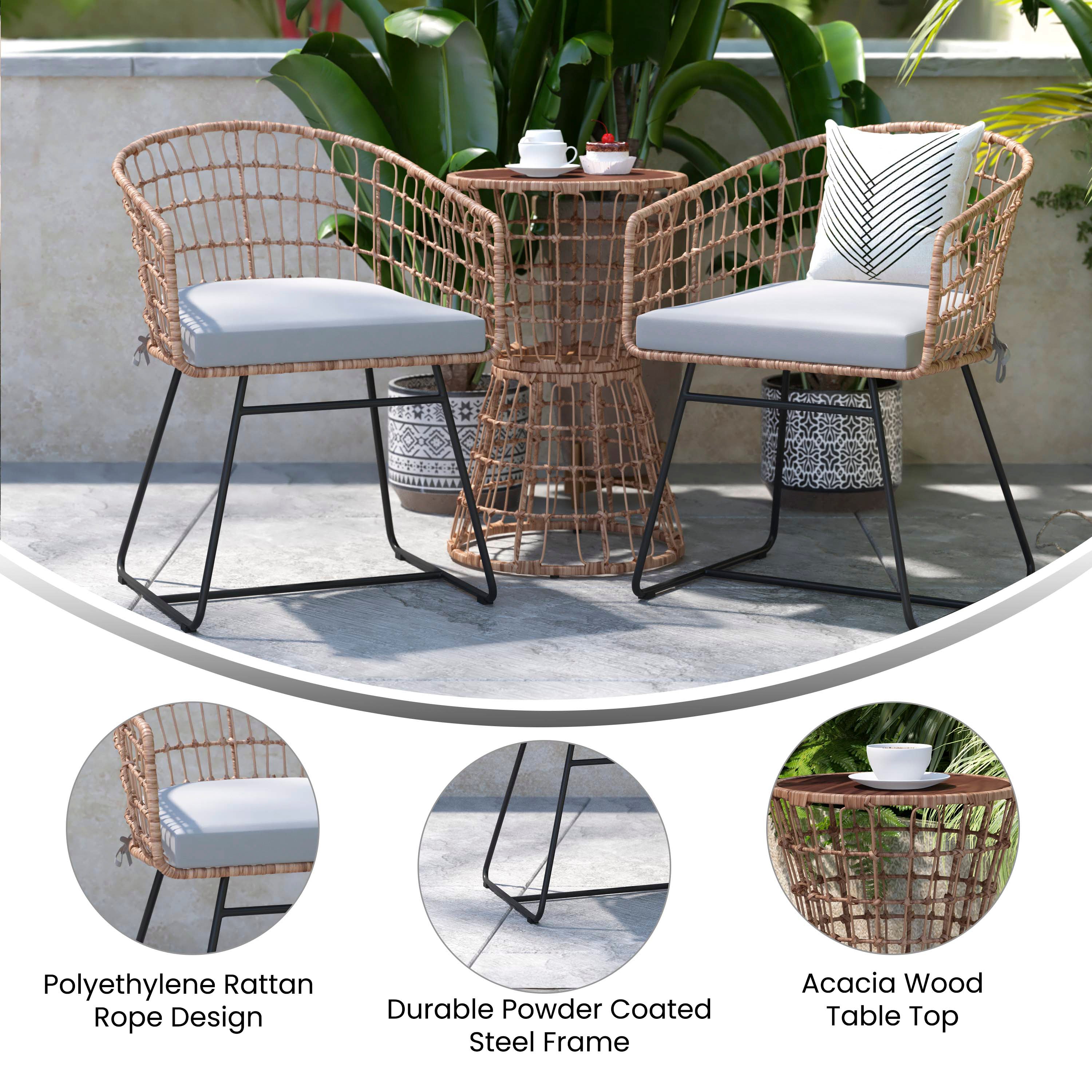 Devon 3-Piece Natural Patio Bistro Set, Indoor/Outdoor Rattan Rope Chairs, Acacia Wood Top Table & Light Gray Seat Cushions