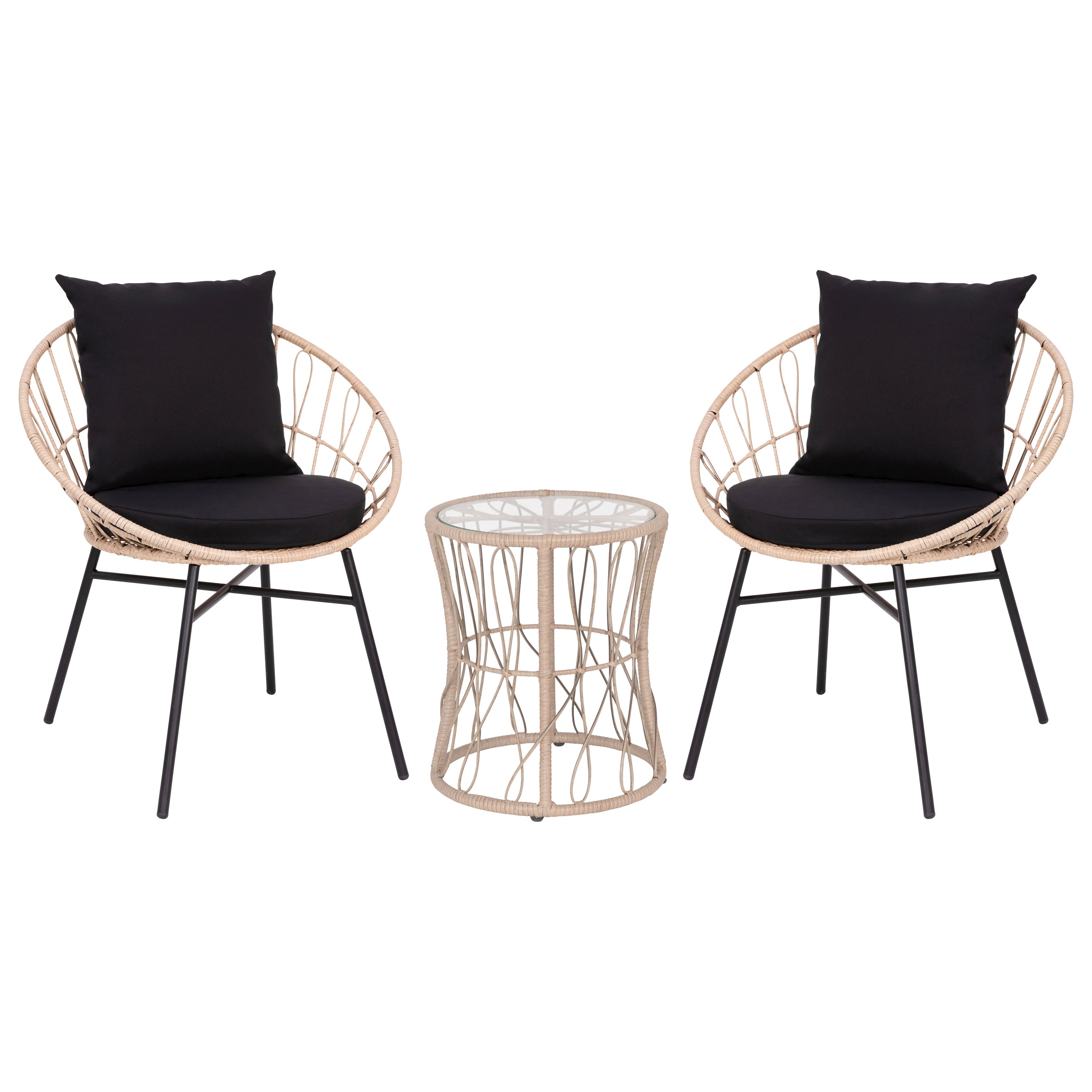 Devon 3-Piece Tan Indoor/Outdoor Bistro Set, Papasan Style Rattan Rope Chairs, Glass Top Side Table & Black Cushions