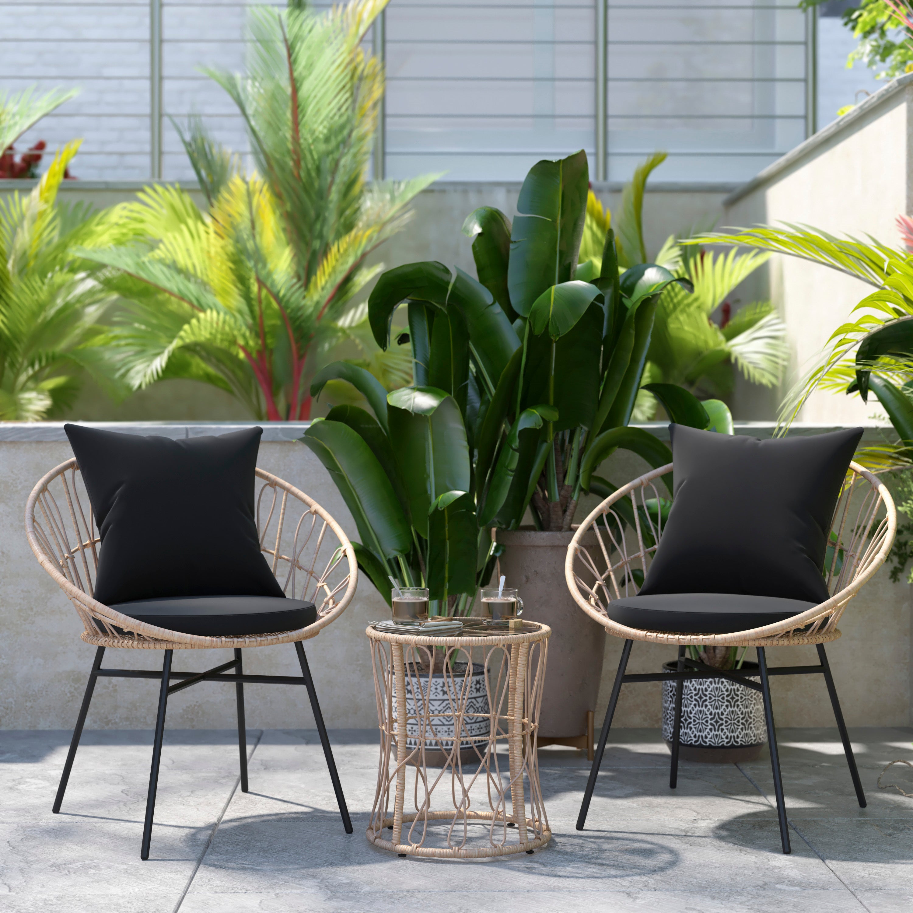 Devon 3-Piece Tan Indoor/Outdoor Bistro Set, Papasan Style Rattan Rope Chairs, Glass Top Side Table & Black Cushions