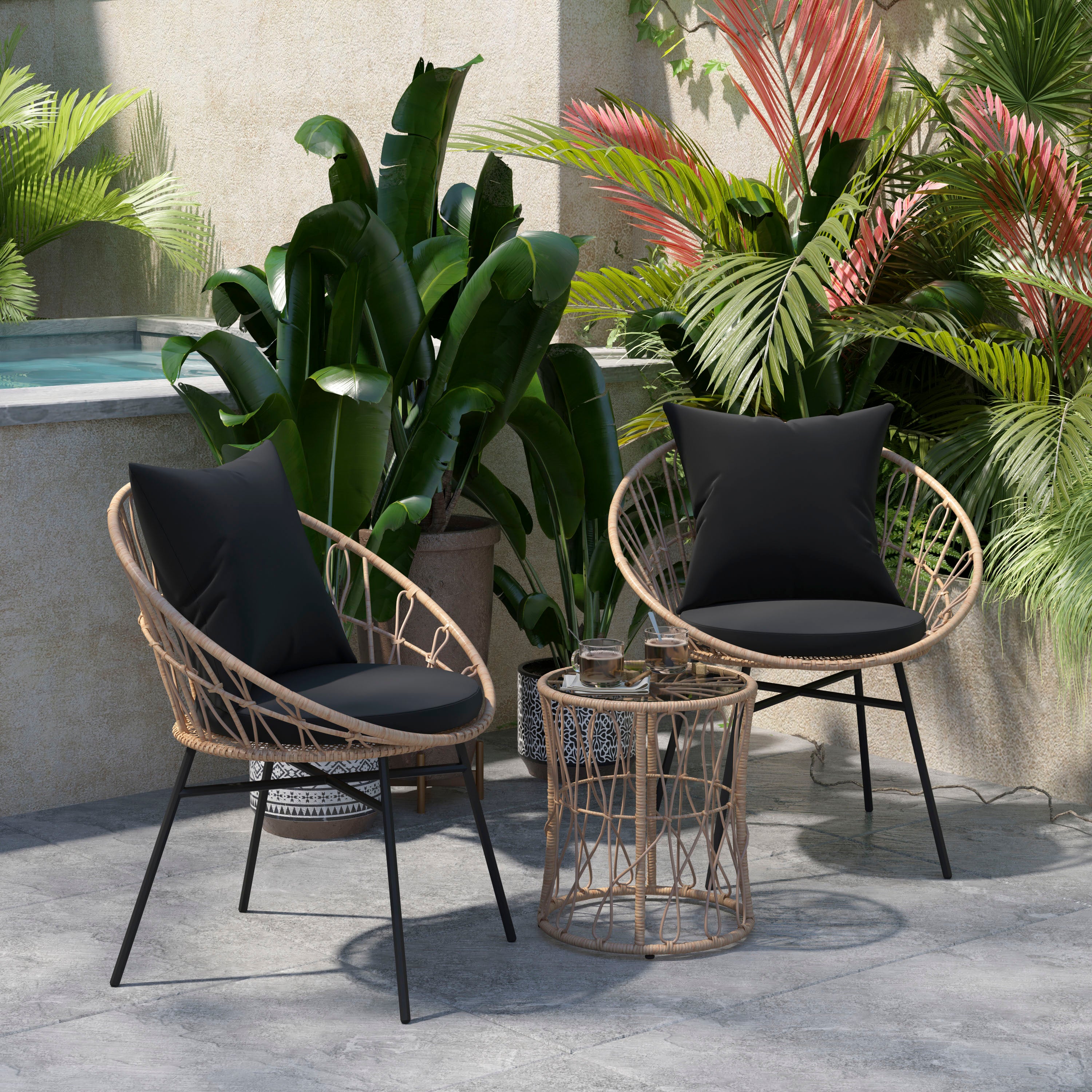 Devon 3-Piece Tan Indoor/Outdoor Bistro Set, Papasan Style Rattan Rope Chairs, Glass Top Side Table & Black Cushions