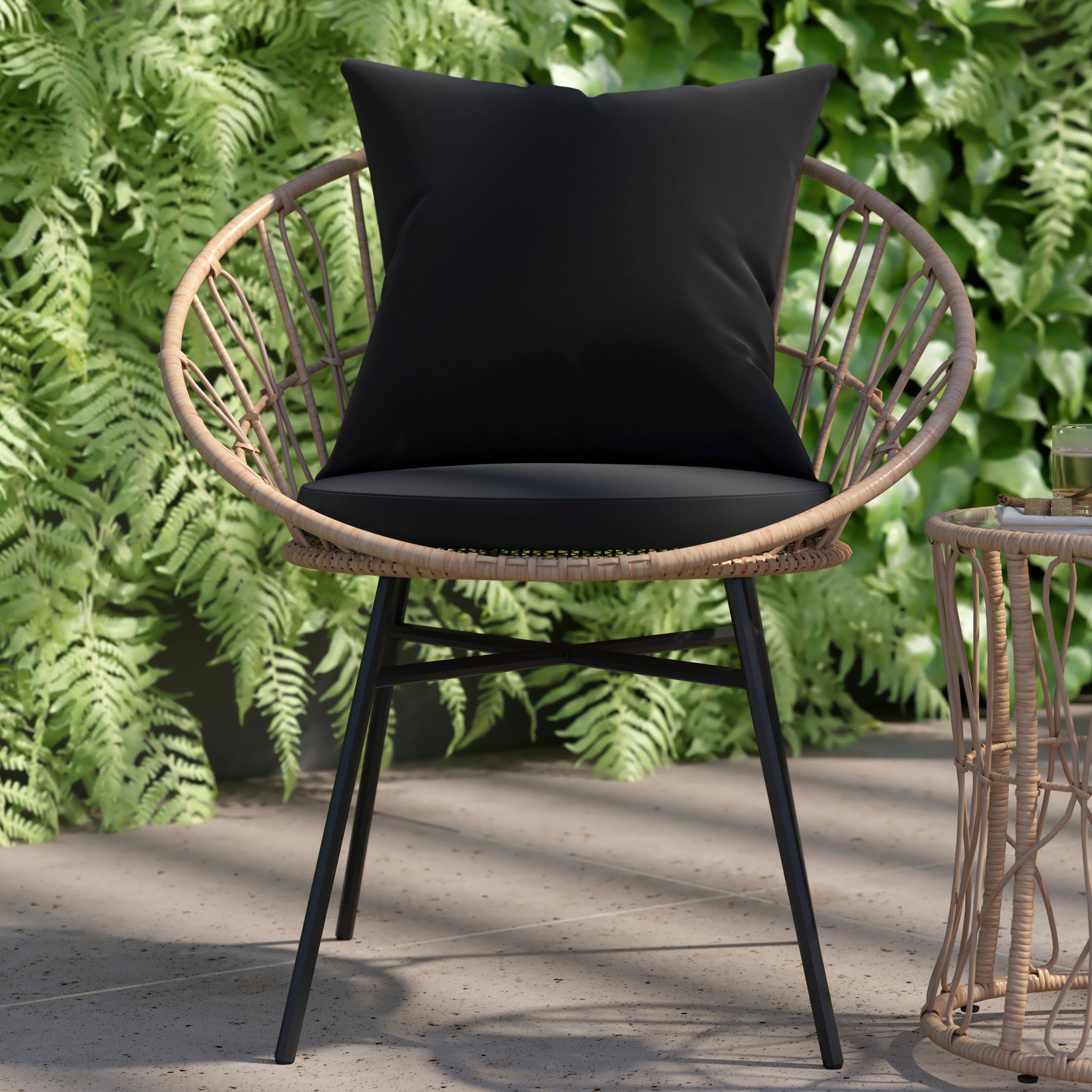 Devon 3-Piece Tan Indoor/Outdoor Bistro Set, Papasan Style Rattan Rope Chairs, Glass Top Side Table & Black Cushions