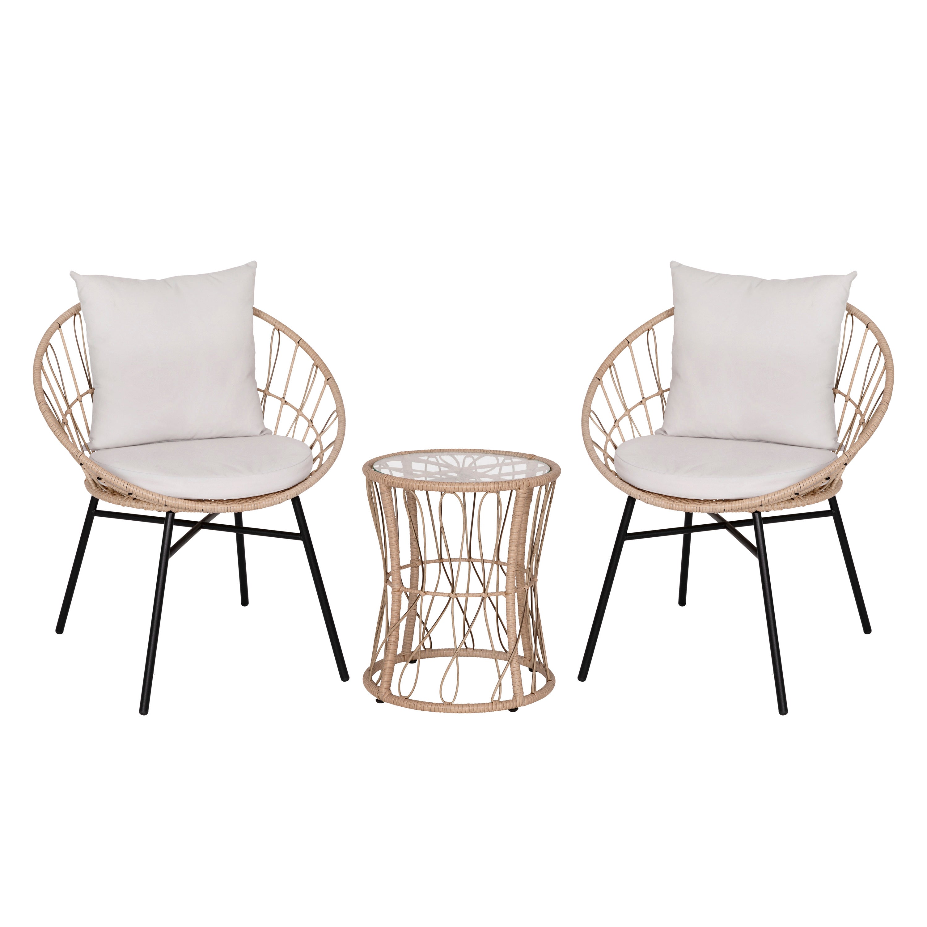 Devon 3-Piece Tan Indoor/Outdoor Bistro Set, Papasan Style Rattan Rope Chairs, Glass Top Side Table & Light Gray Cushions