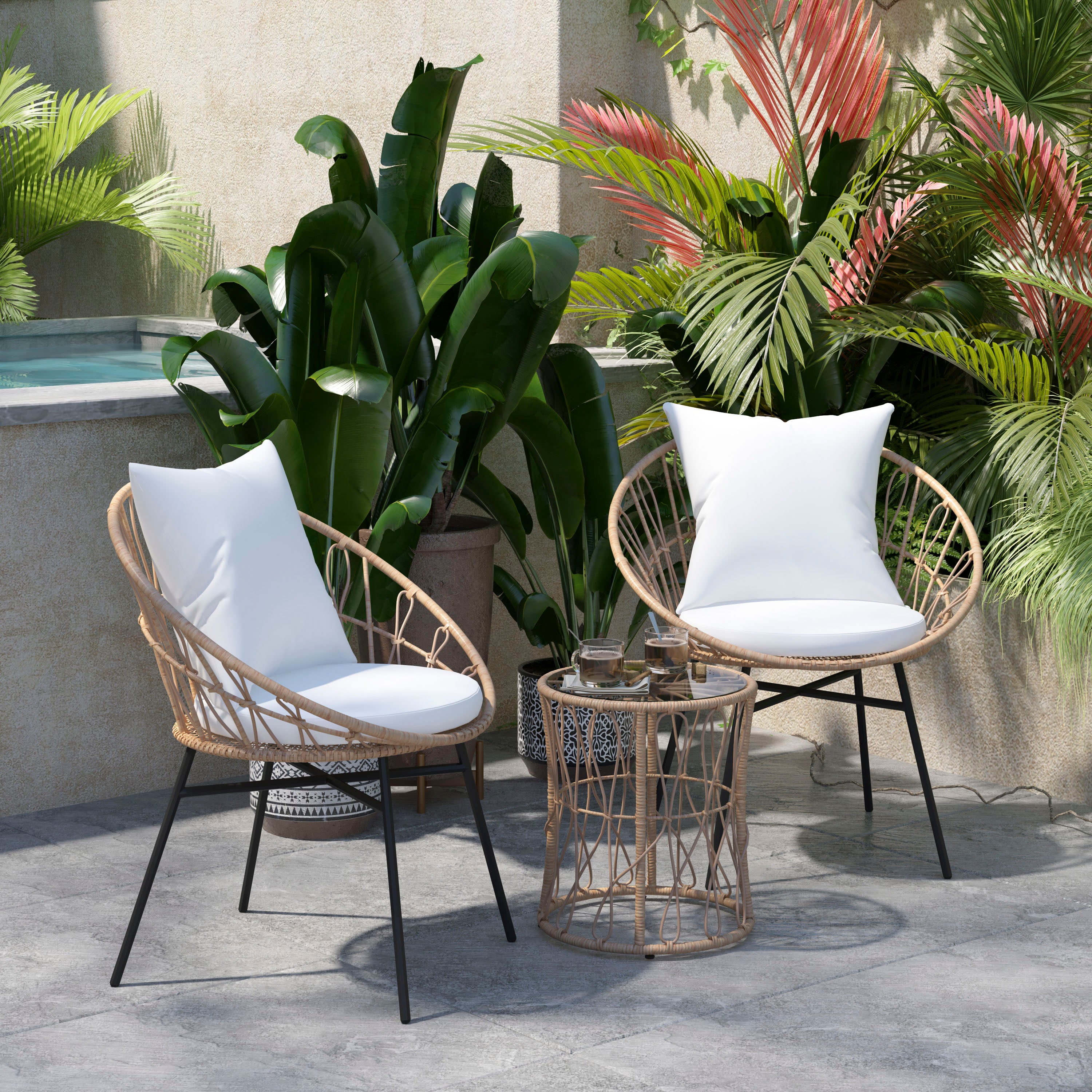 Devon 3-Piece Tan Indoor/Outdoor Bistro Set, Papasan Style Rattan Rope Chairs, Glass Top Side Table & Light Gray Cushions