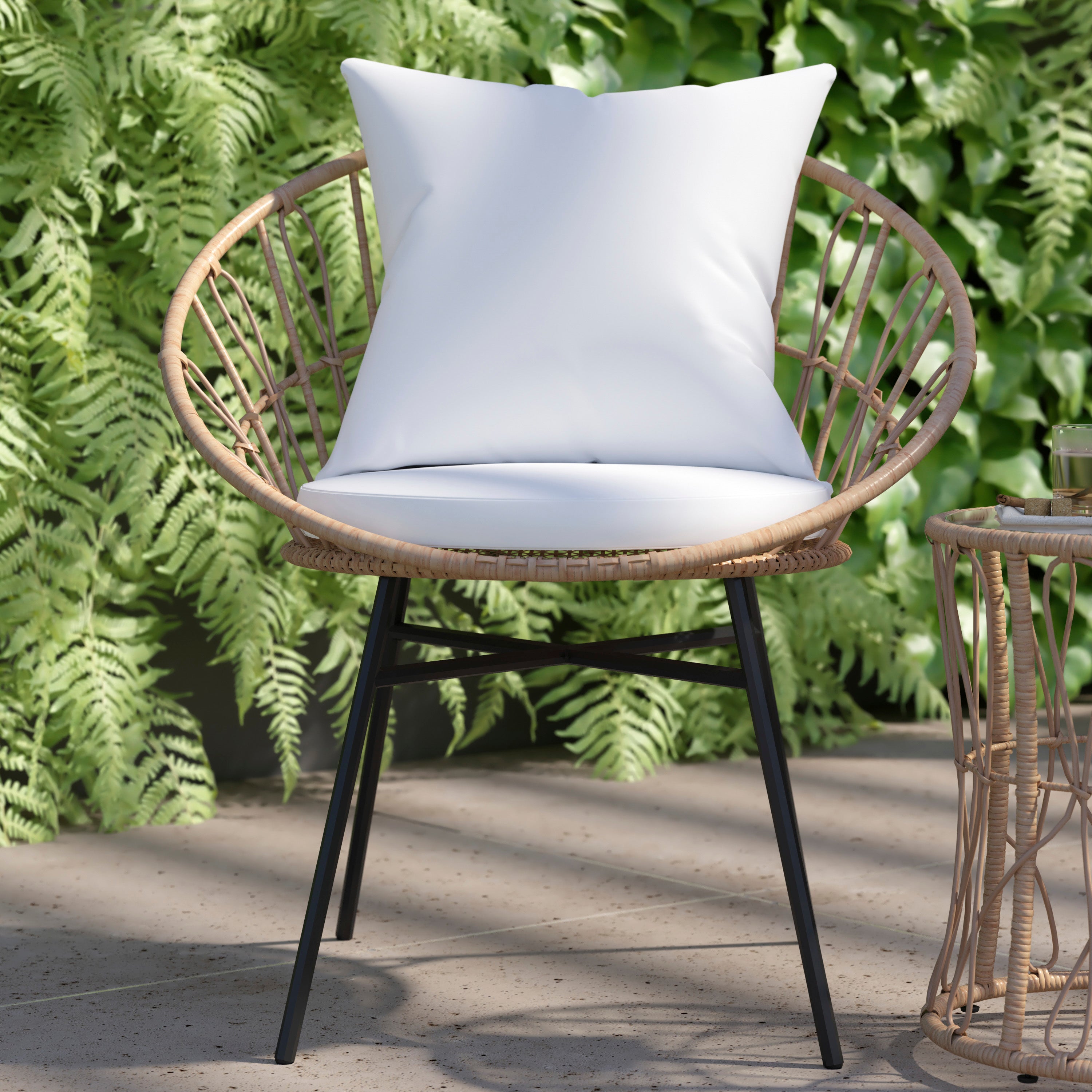 Devon 3-Piece Tan Indoor/Outdoor Bistro Set, Papasan Style Rattan Rope Chairs, Glass Top Side Table & Light Gray Cushions