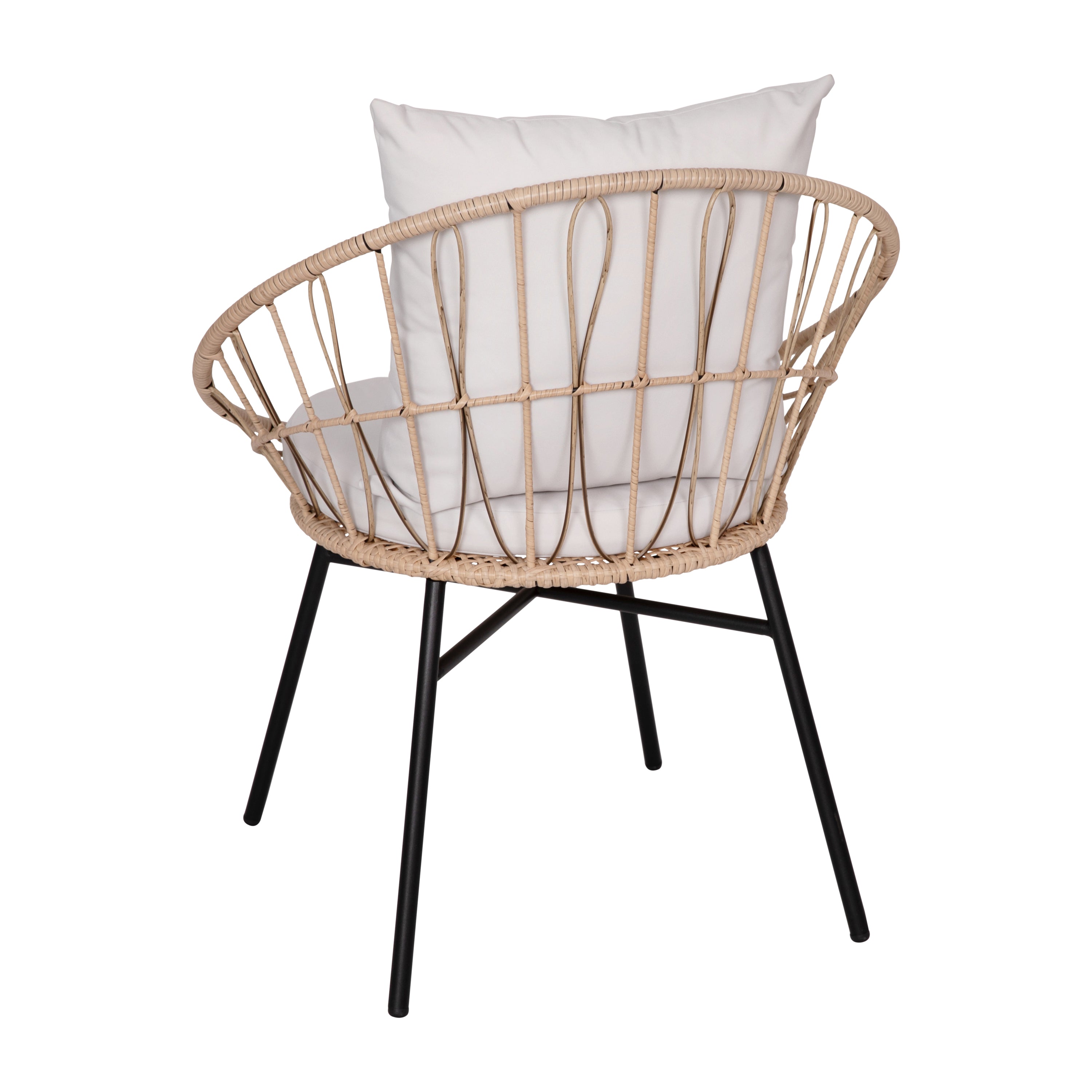 Devon 3-Piece Tan Indoor/Outdoor Bistro Set, Papasan Style Rattan Rope Chairs, Glass Top Side Table & Light Gray Cushions