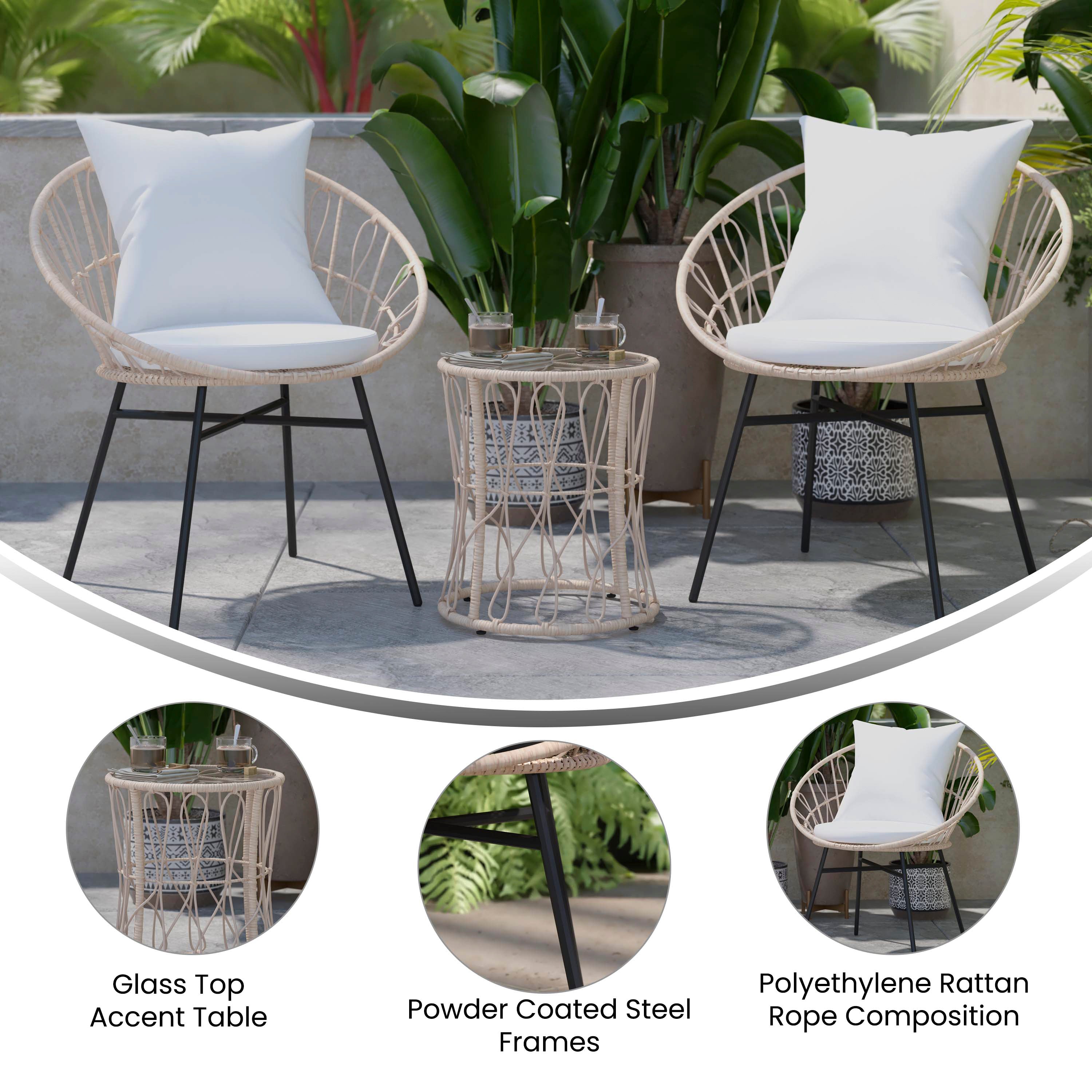 Devon 3-Piece Tan Indoor/Outdoor Bistro Set, Papasan Style Rattan Rope Chairs, Glass Top Side Table & Light Gray Cushions