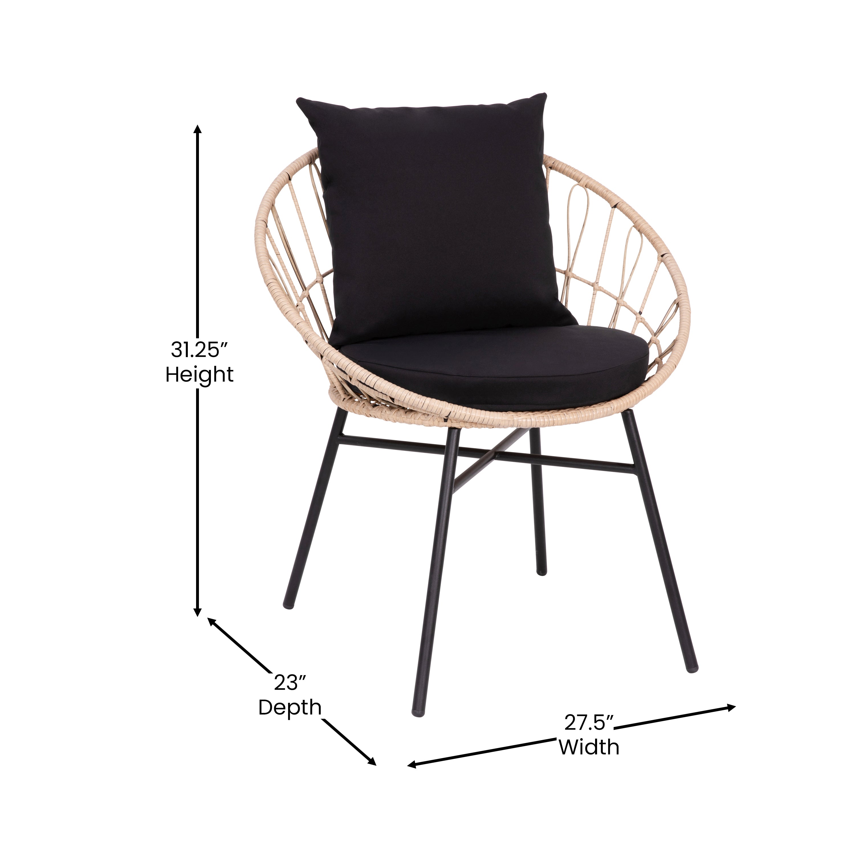 Devon Set of 2 Indoor/Outdoor Modern Papasan Patio Chairs, Rope with Tan Finish PE Wicker Rattan and Black Cushions