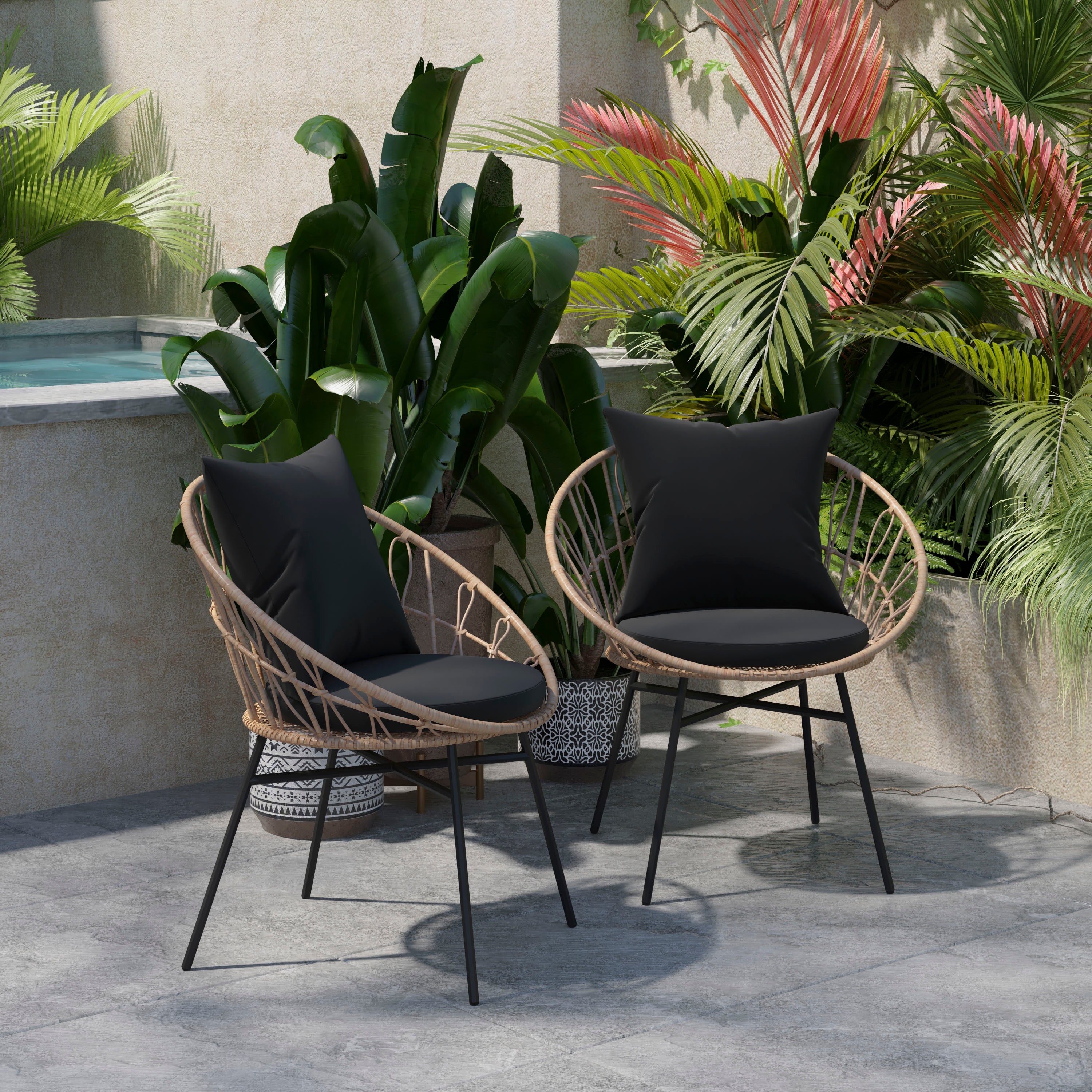 Devon Set of 2 Indoor/Outdoor Modern Papasan Patio Chairs, Rope with Tan Finish PE Wicker Rattan and Black Cushions