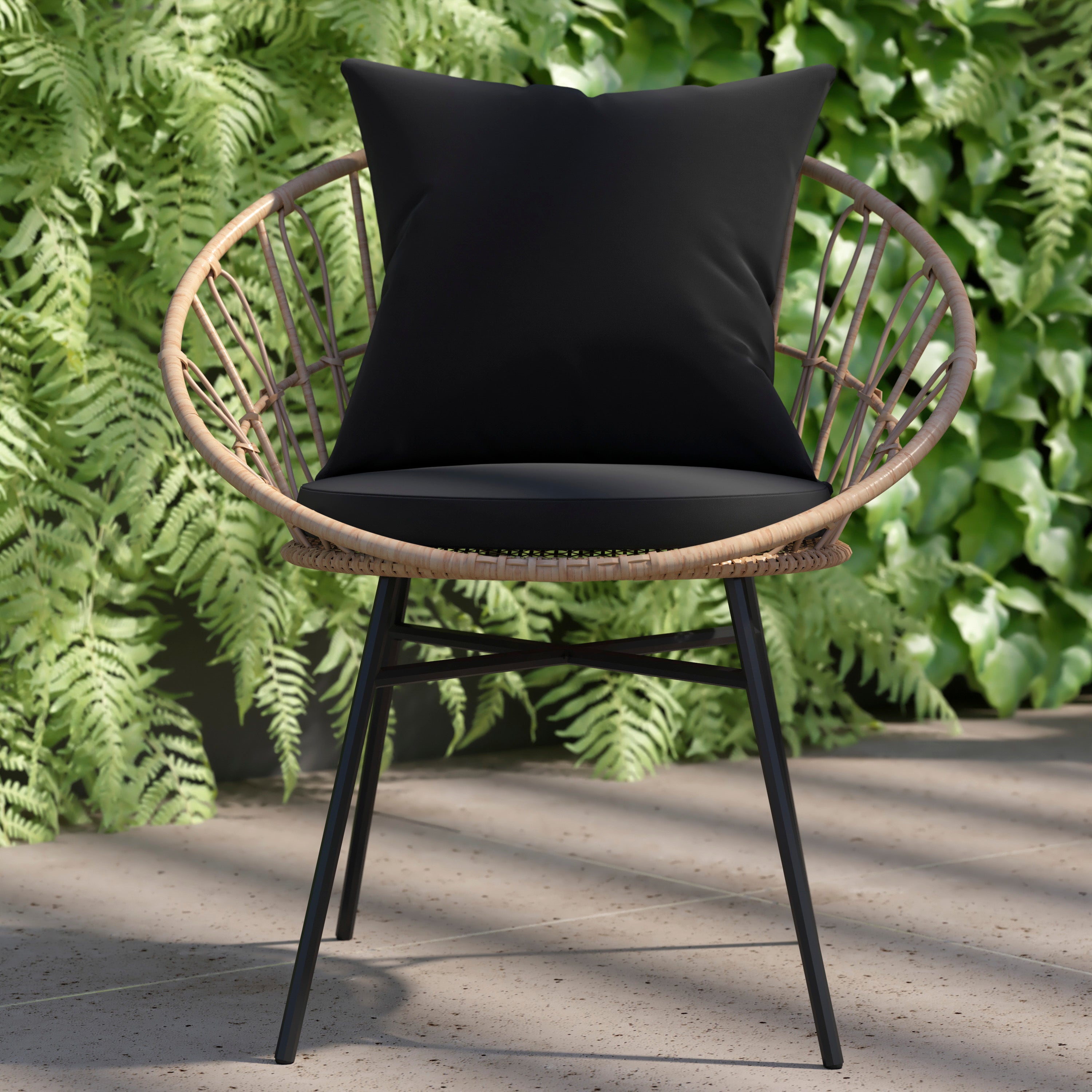 Devon Set of 2 Indoor/Outdoor Modern Papasan Patio Chairs, Rope with Tan Finish PE Wicker Rattan and Black Cushions