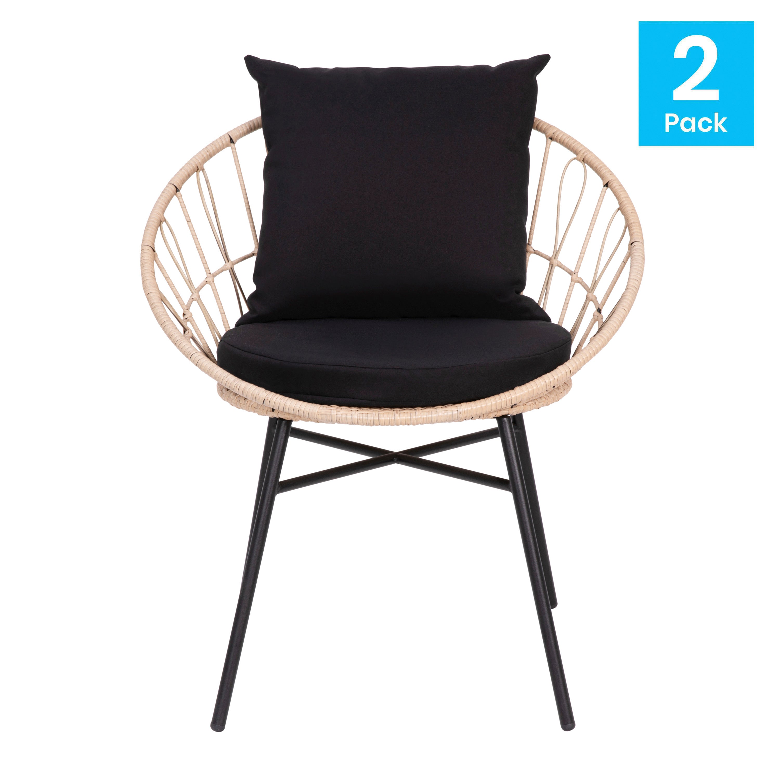 Devon Set of 2 Indoor/Outdoor Modern Papasan Patio Chairs, Rope with Tan Finish PE Wicker Rattan and Black Cushions