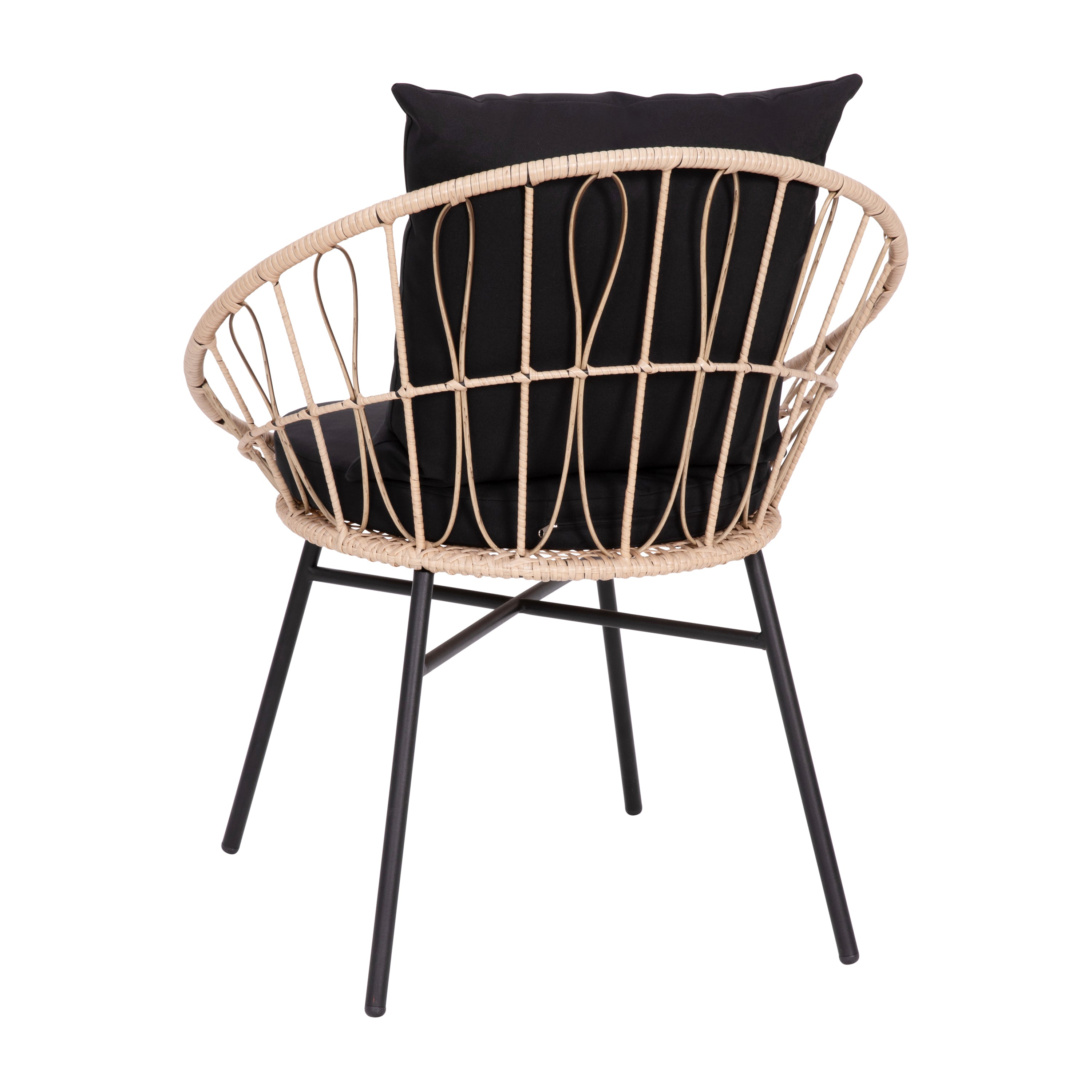 Devon Set of 2 Indoor/Outdoor Modern Papasan Patio Chairs, Rope with Tan Finish PE Wicker Rattan and Black Cushions