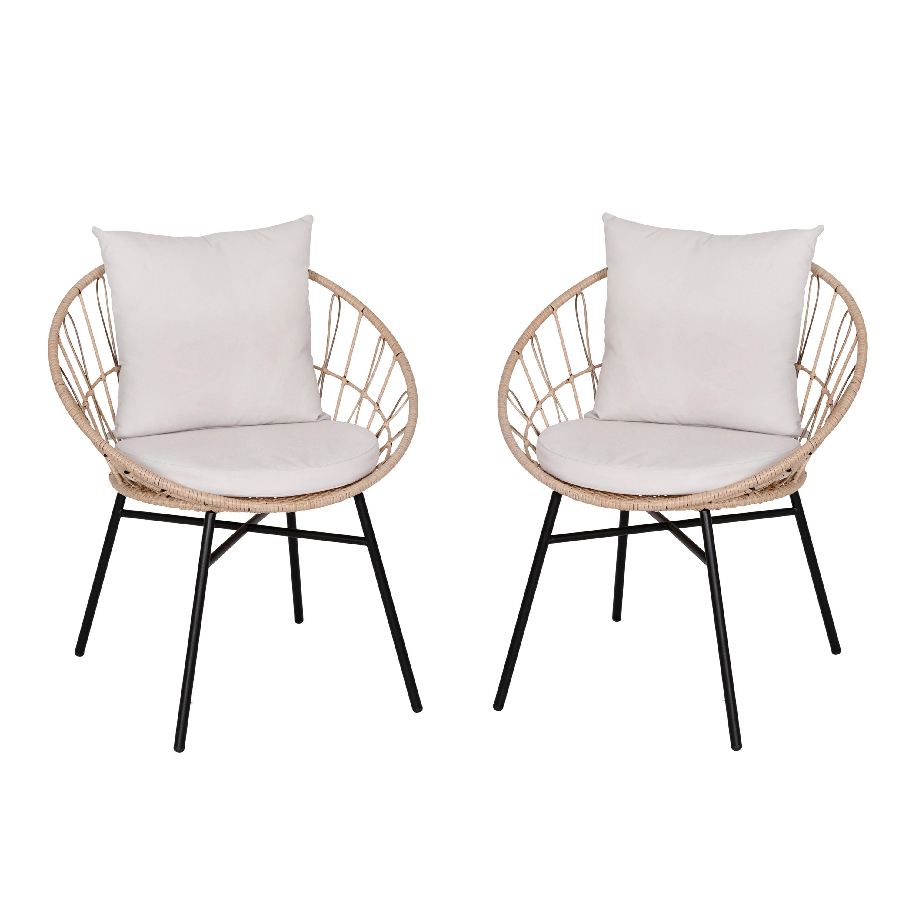 Devon Set of 2 Indoor/Outdoor Modern Papasan Patio Chairs, Rope with Tan Finish PE Wicker Rattan and Light Gray Cushions