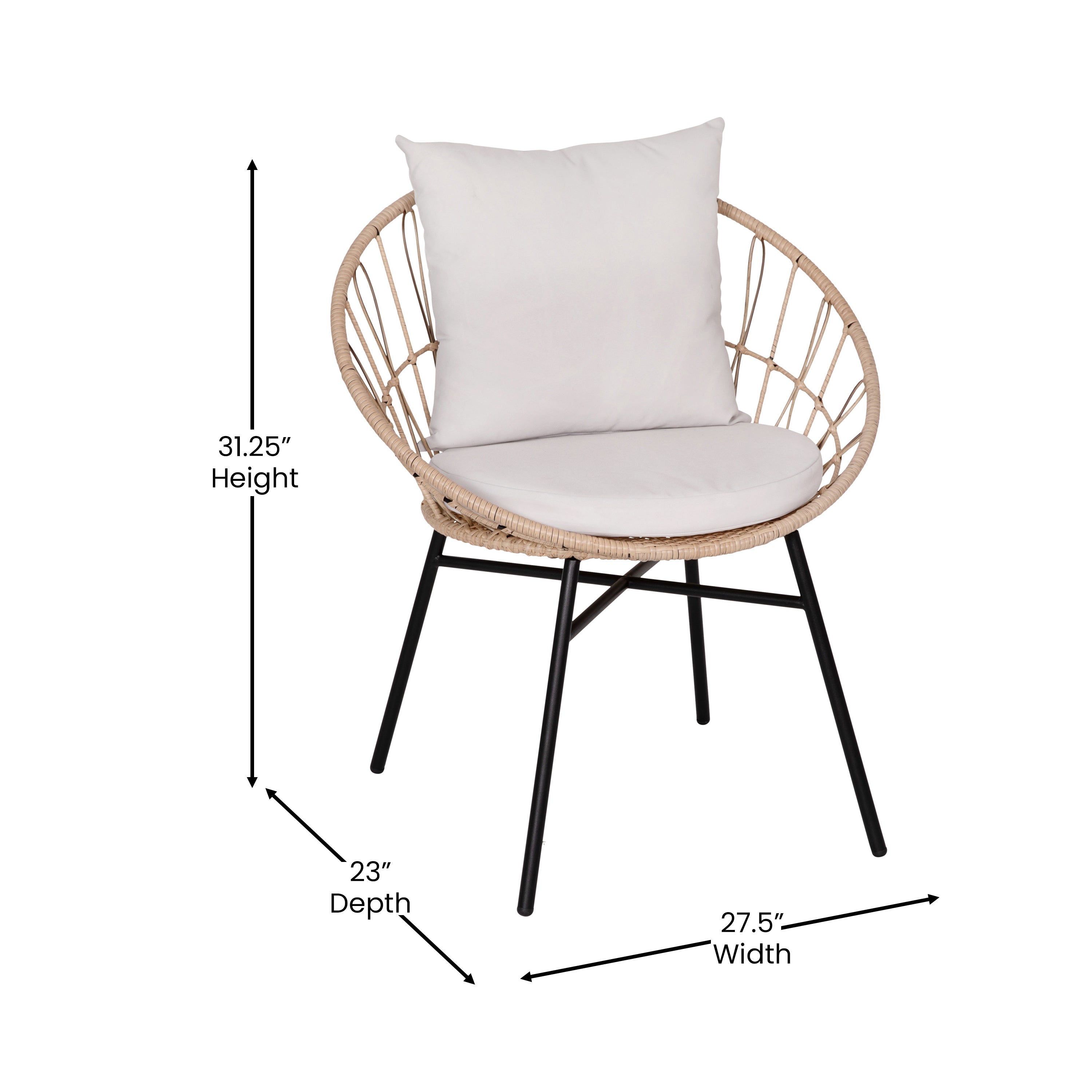 Devon Set of 2 Indoor/Outdoor Modern Papasan Patio Chairs, Rope with Tan Finish PE Wicker Rattan and Light Gray Cushions