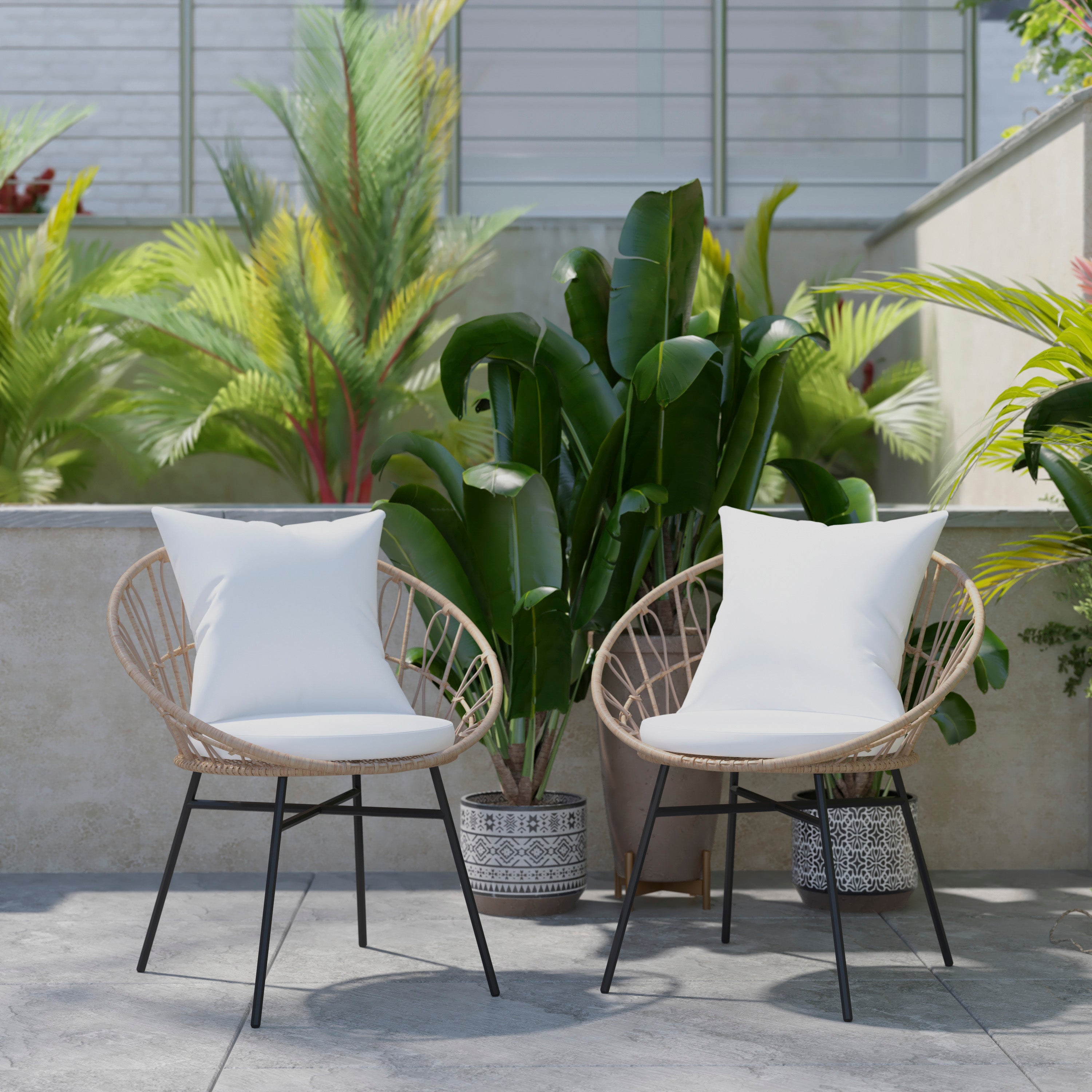 Devon Set of 2 Indoor/Outdoor Modern Papasan Patio Chairs, Rope with Tan Finish PE Wicker Rattan and Light Gray Cushions