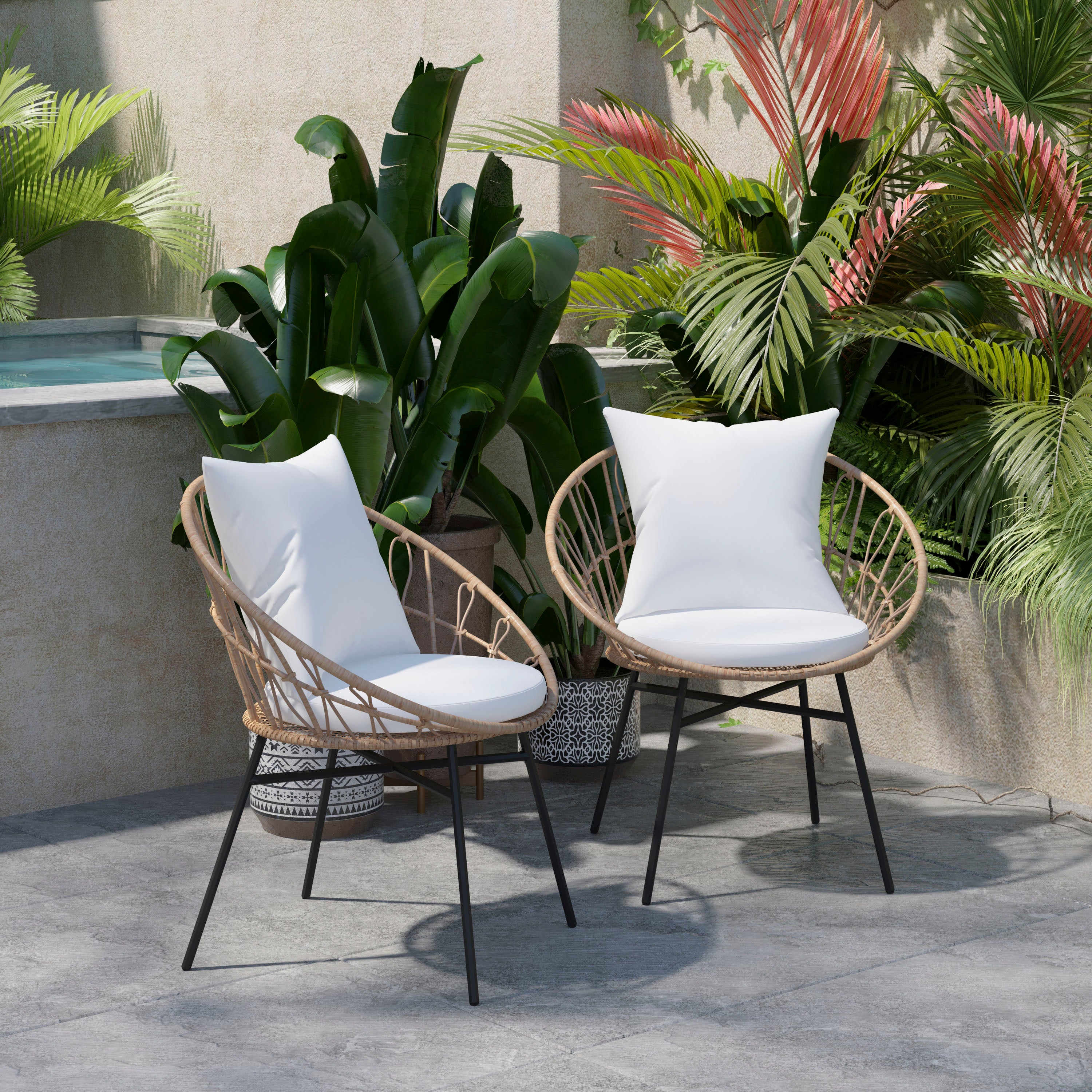 Devon Set of 2 Indoor/Outdoor Modern Papasan Patio Chairs, Rope with Tan Finish PE Wicker Rattan and Light Gray Cushions