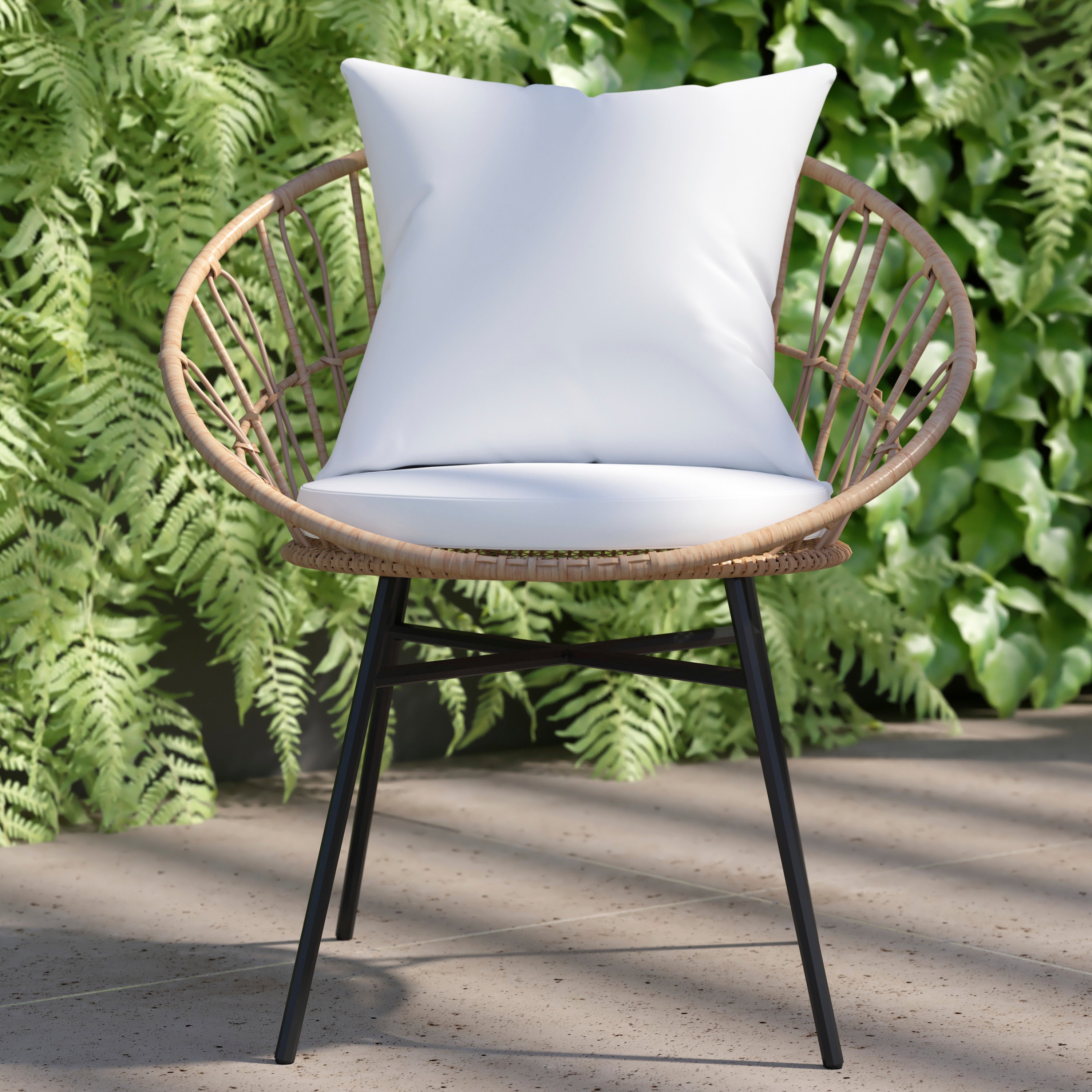 Devon Set of 2 Indoor/Outdoor Modern Papasan Patio Chairs, Rope with Tan Finish PE Wicker Rattan and Light Gray Cushions