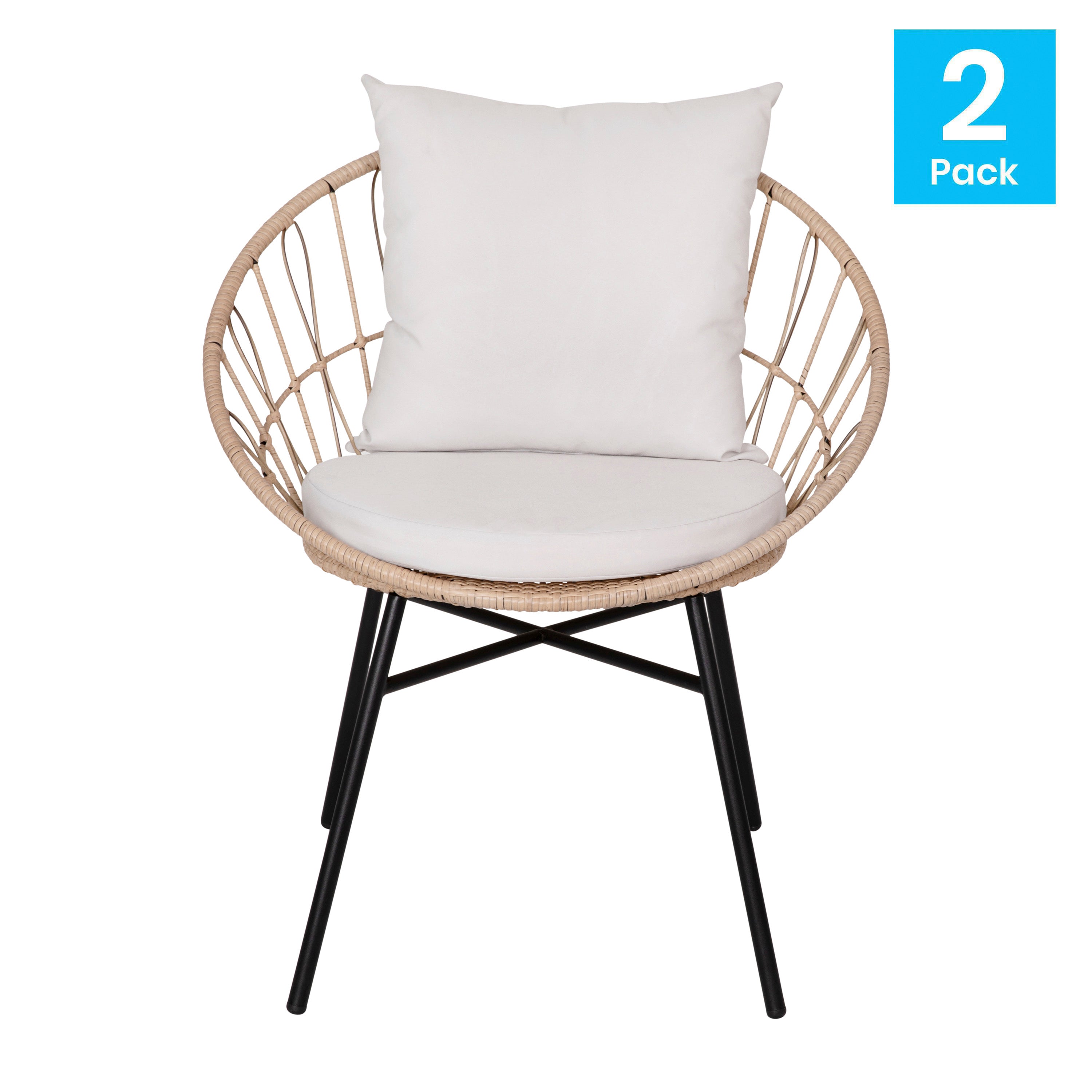 Devon Set of 2 Indoor/Outdoor Modern Papasan Patio Chairs, Rope with Tan Finish PE Wicker Rattan and Light Gray Cushions