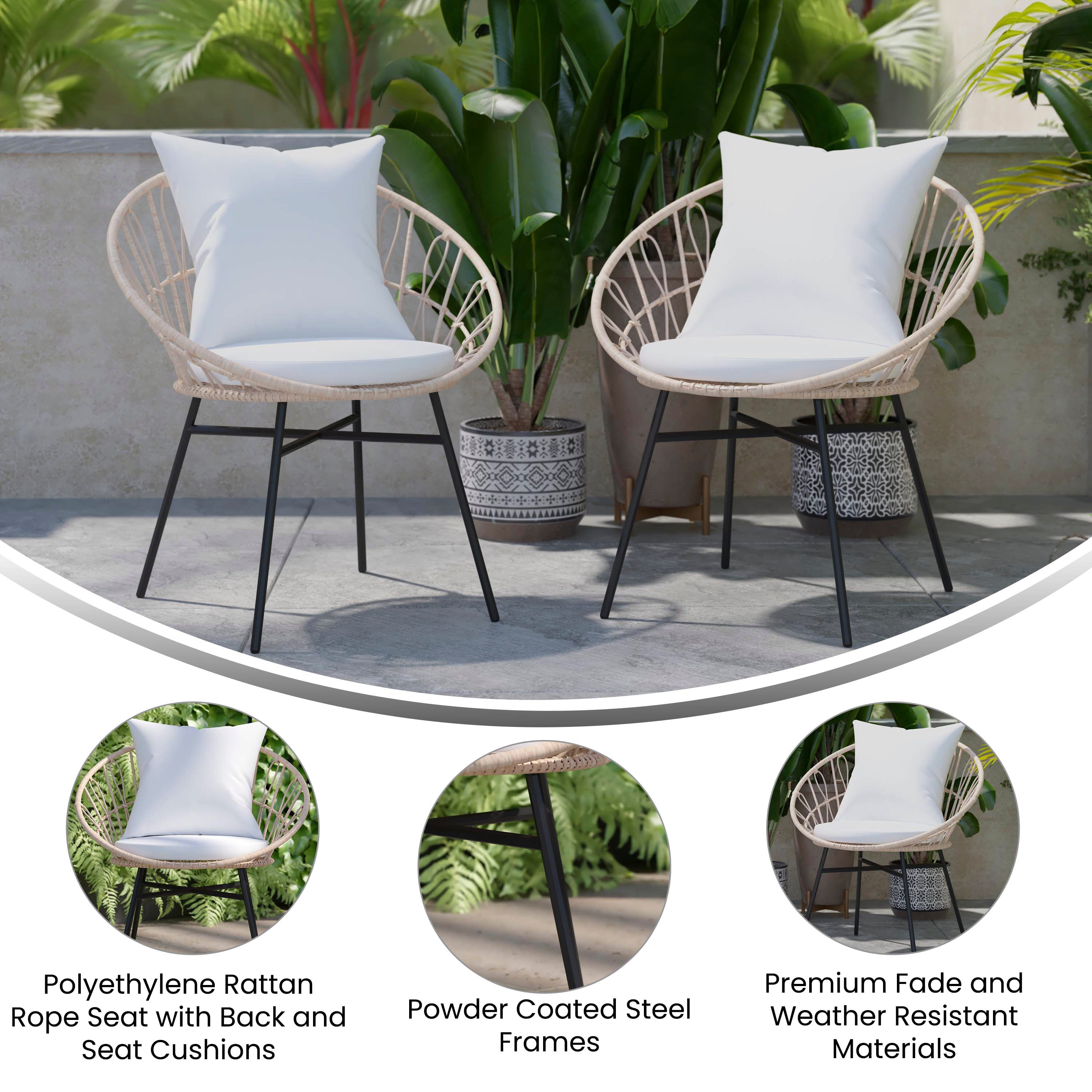 Devon Set of 2 Indoor/Outdoor Modern Papasan Patio Chairs, Rope with Tan Finish PE Wicker Rattan and Light Gray Cushions