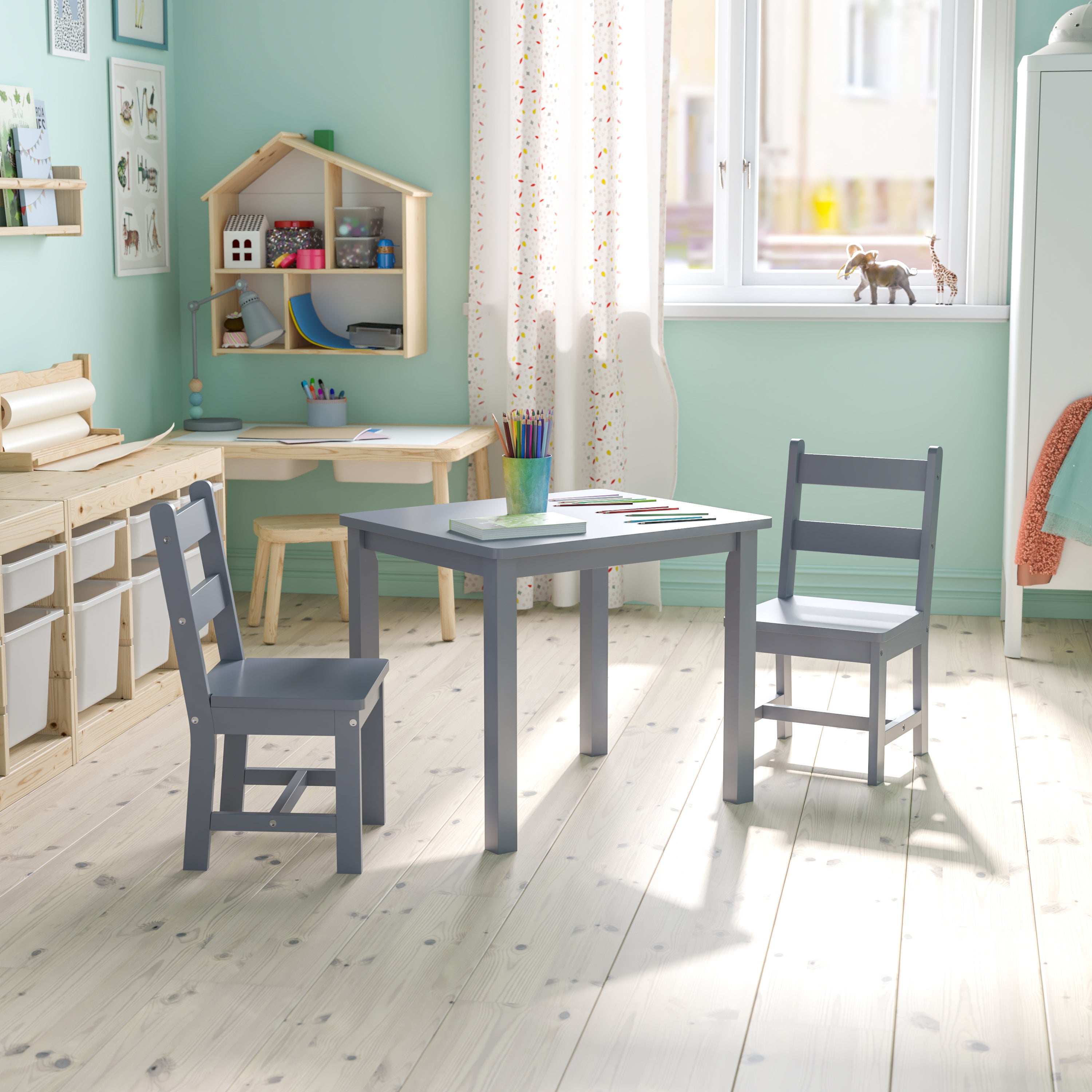 Kyndl Kids Solid Hardwood Table and Chair Set for Playroom, Bedroom, Kitchen - 3 Piece Set - Gray