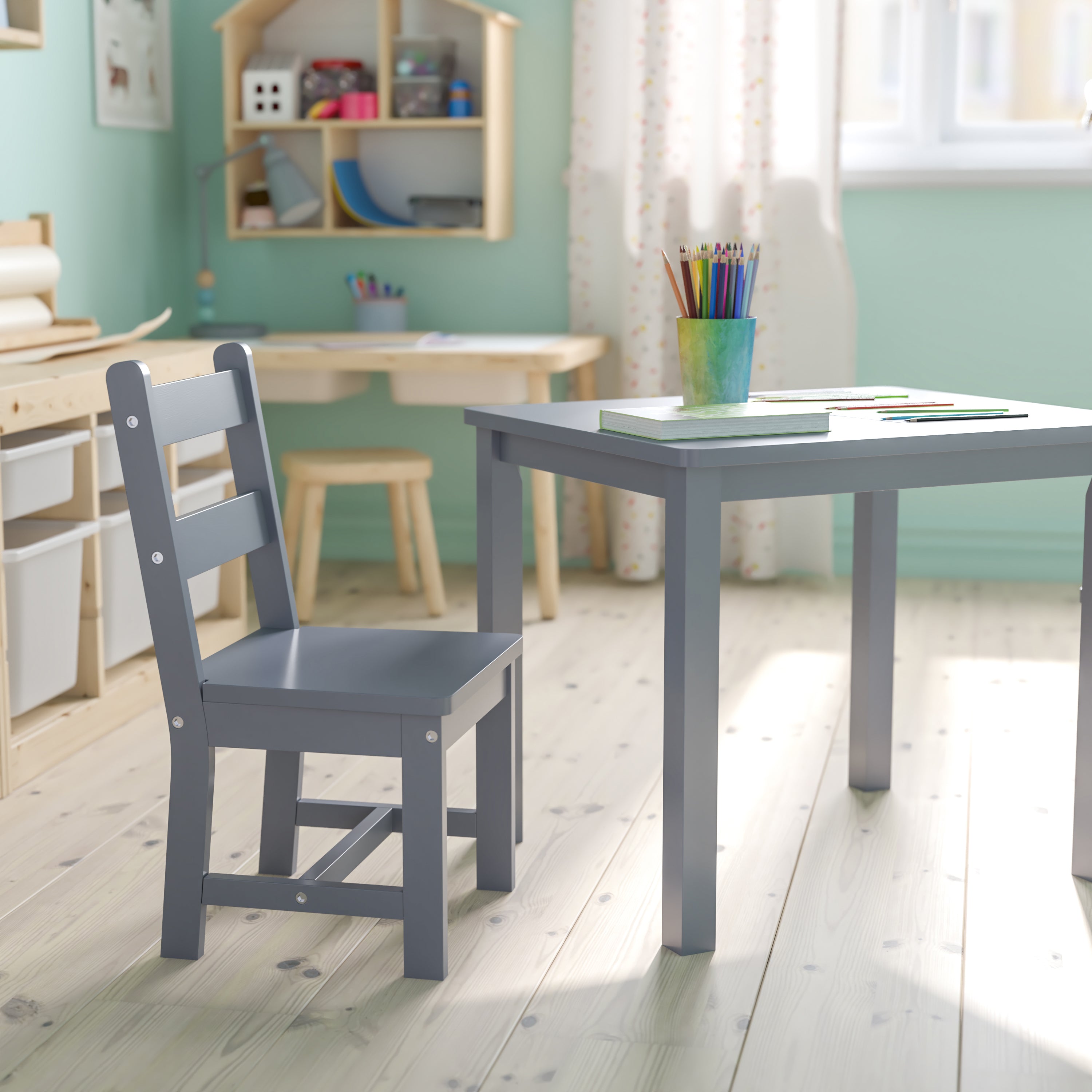 Kyndl Kids Solid Hardwood Table and Chair Set for Playroom, Bedroom, Kitchen - 3 Piece Set - Gray