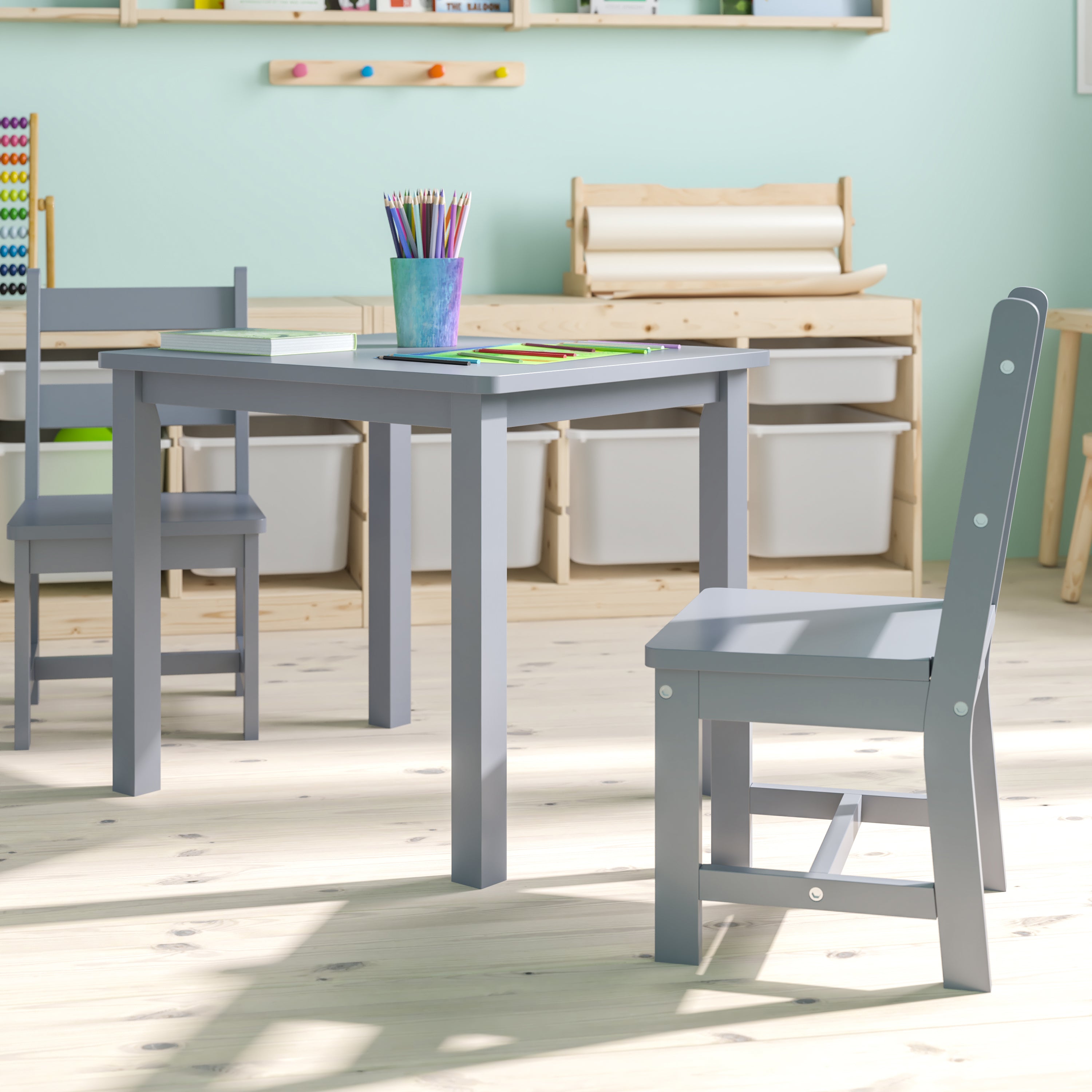 Kyndl Kids Solid Hardwood Table and Chair Set for Playroom, Bedroom, Kitchen - 3 Piece Set - Gray