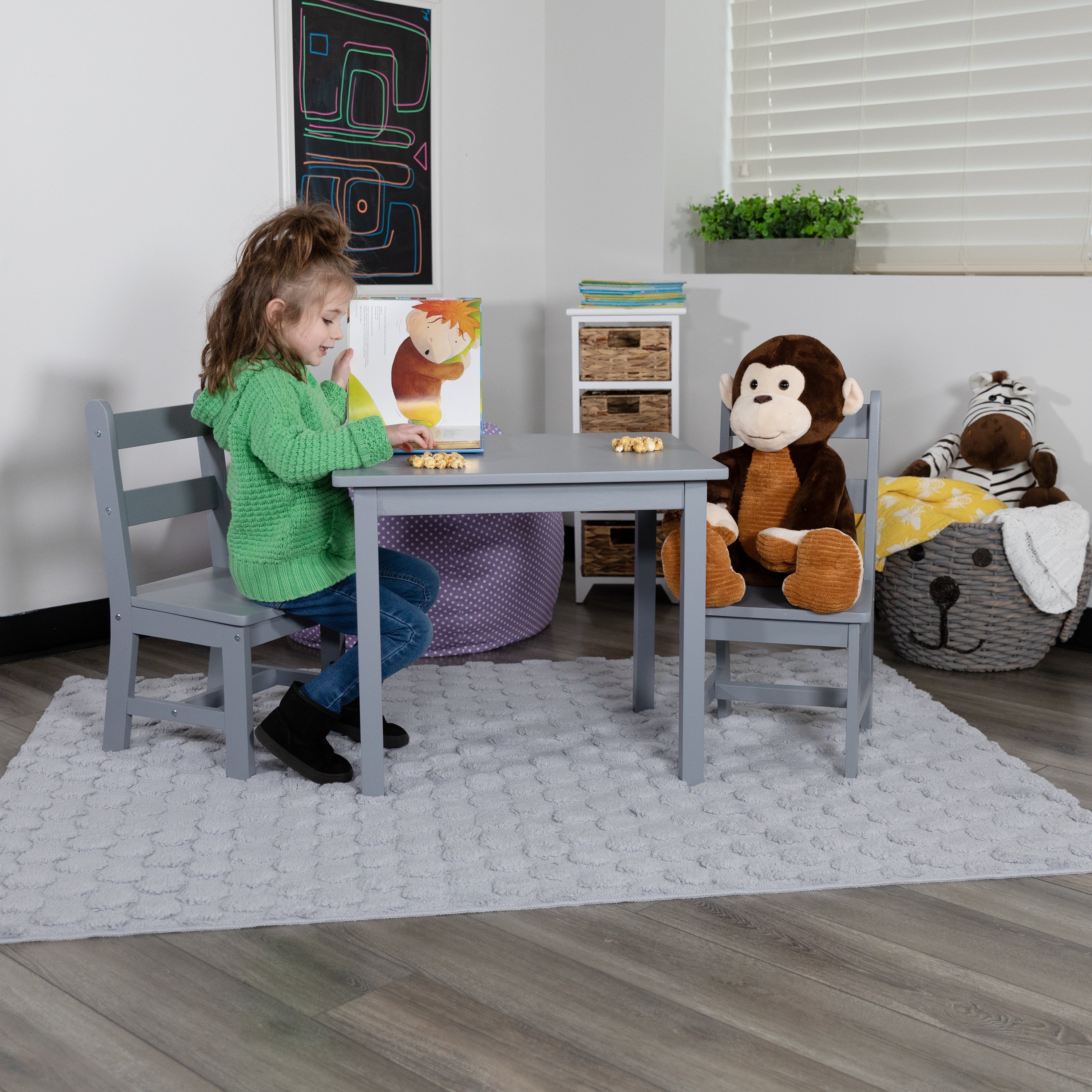 Kyndl Kids Solid Hardwood Table and Chair Set for Playroom, Bedroom, Kitchen - 3 Piece Set - Gray