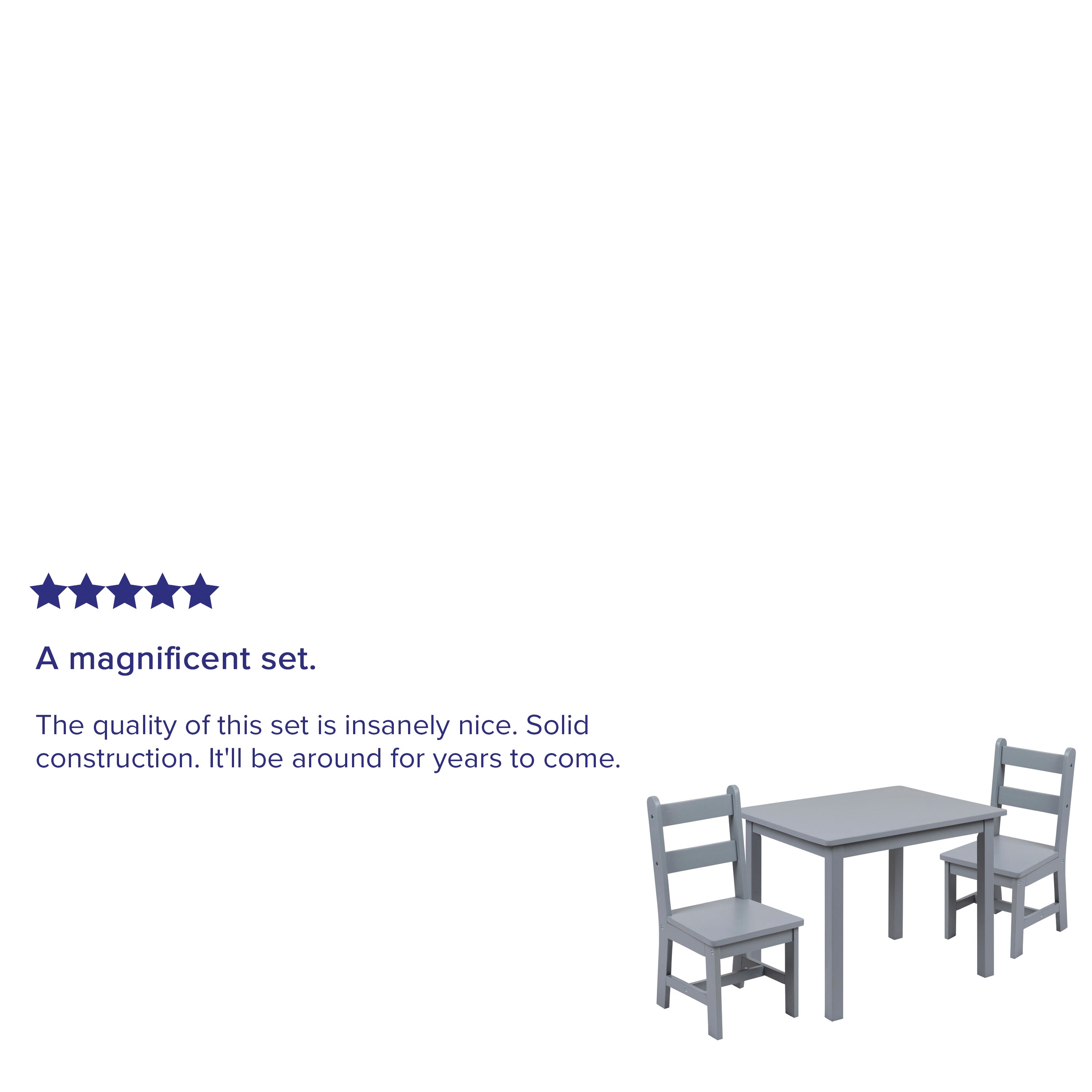 Kyndl Kids Solid Hardwood Table and Chair Set for Playroom, Bedroom, Kitchen - 3 Piece Set - Gray
