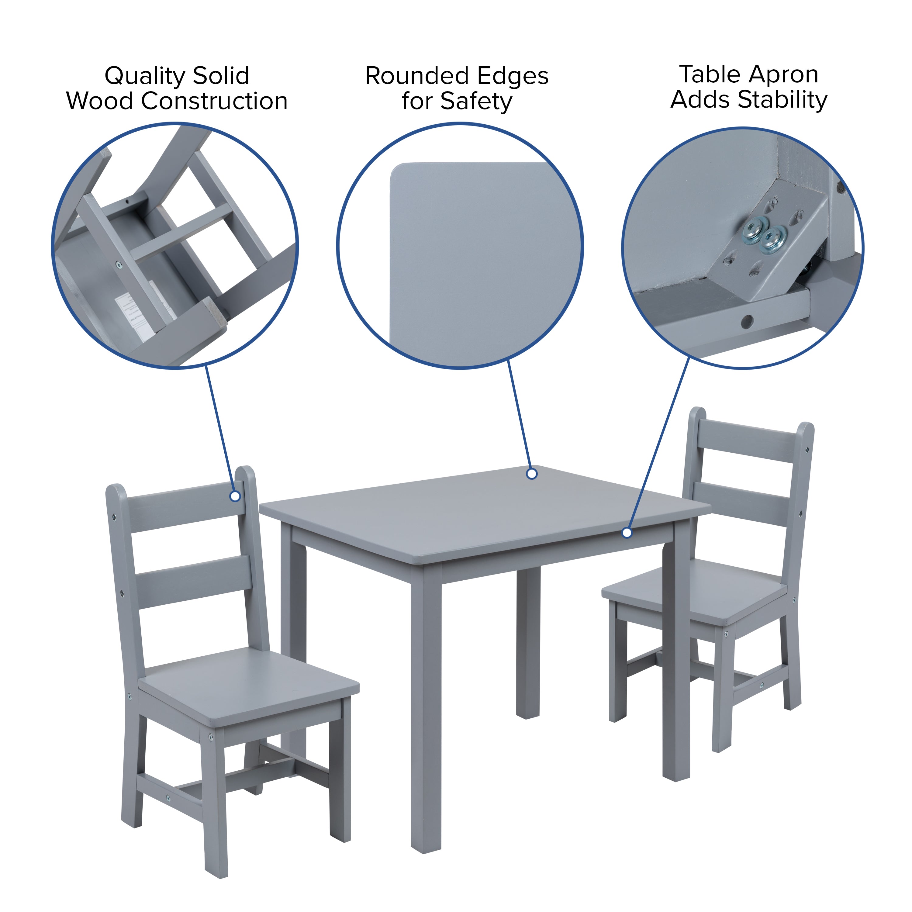 Kyndl Kids Solid Hardwood Table and Chair Set for Playroom, Bedroom, Kitchen - 3 Piece Set - Gray