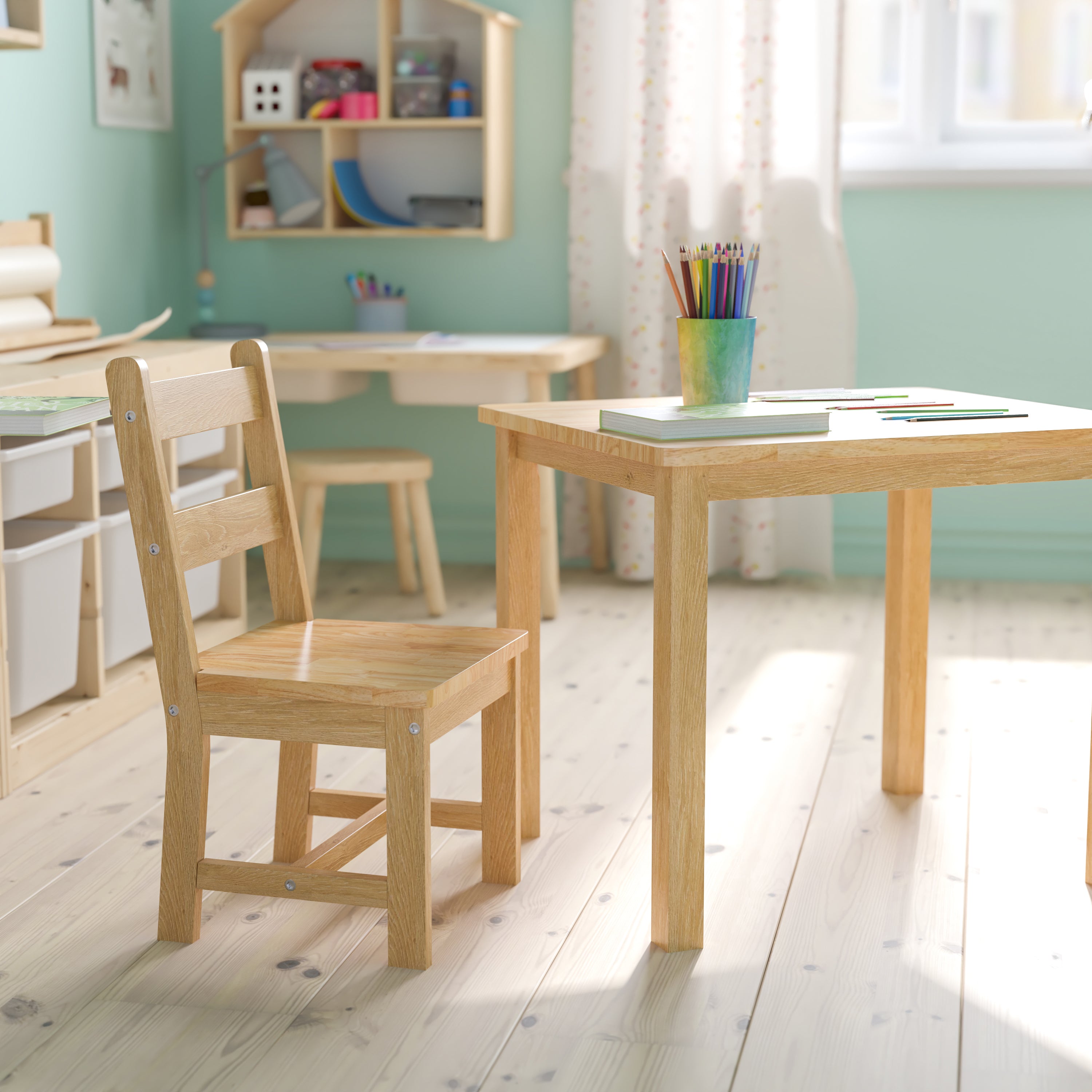 Kyndl Kids Solid Hardwood Table and Chair Set for Playroom, Bedroom, Kitchen - 3 Piece Set - Natural