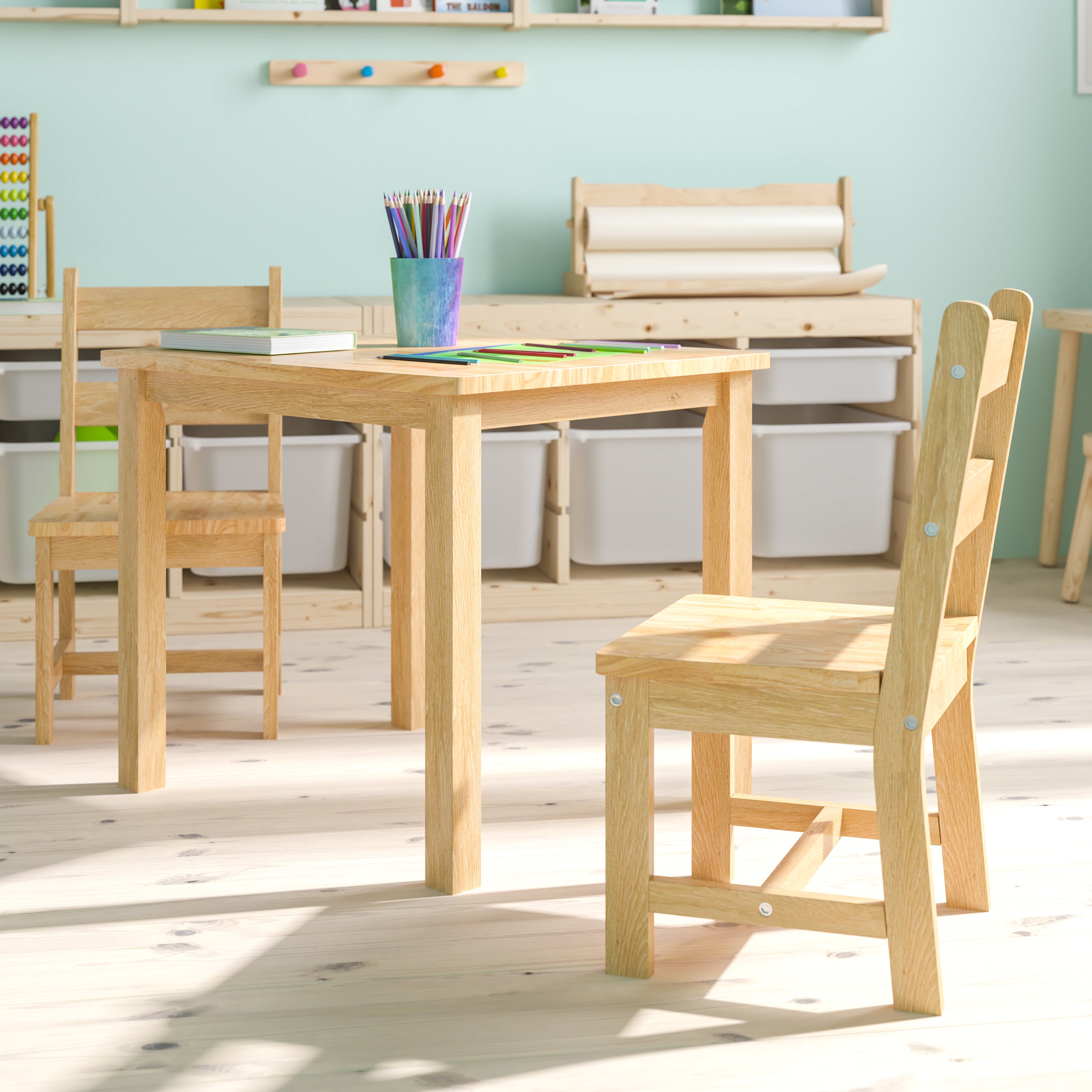Kyndl Kids Solid Hardwood Table and Chair Set for Playroom, Bedroom, Kitchen - 3 Piece Set - Natural