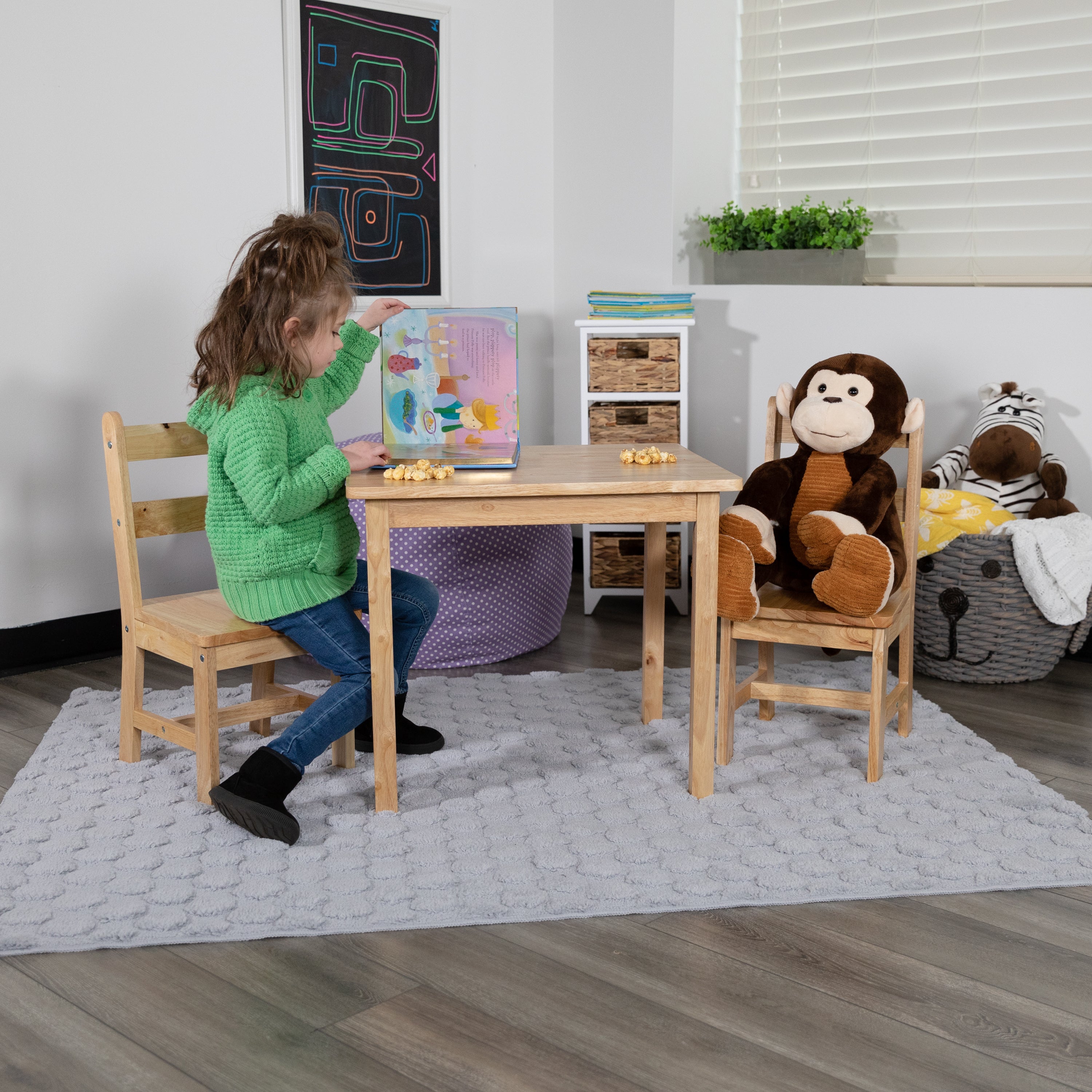 Kyndl Kids Solid Hardwood Table and Chair Set for Playroom, Bedroom, Kitchen - 3 Piece Set - Natural