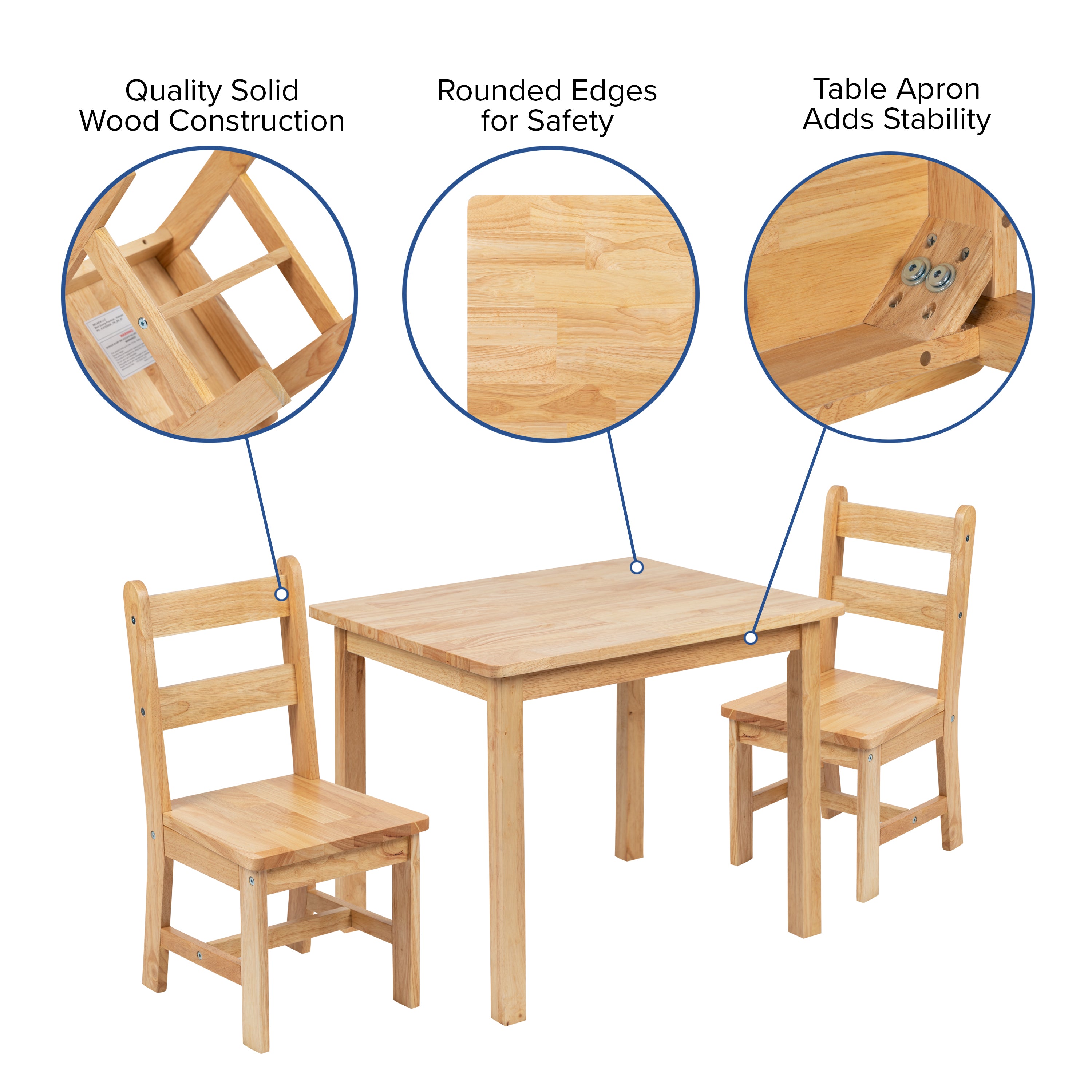 Kyndl Kids Solid Hardwood Table and Chair Set for Playroom, Bedroom, Kitchen - 3 Piece Set - Natural