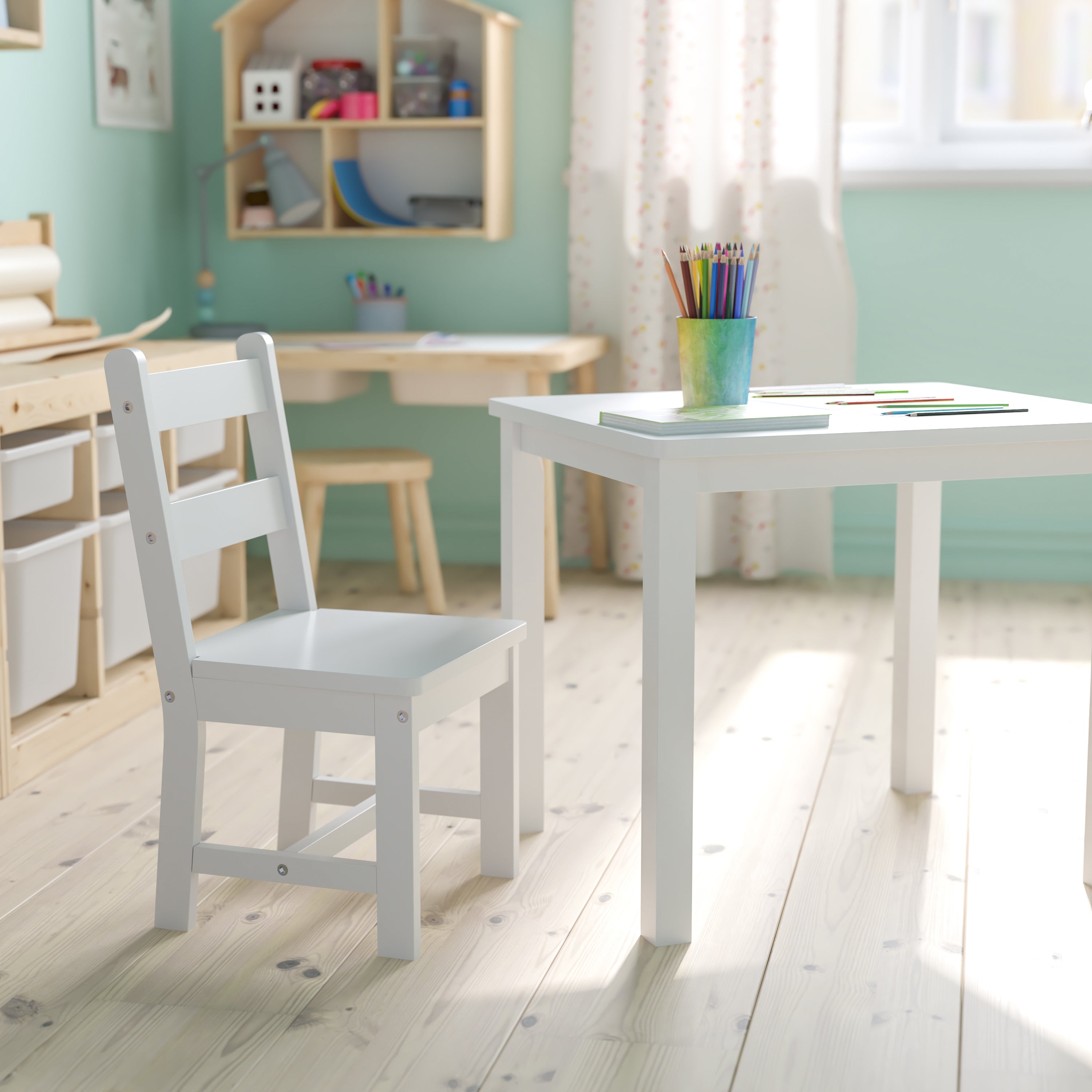 Kyndl Kids Solid Hardwood Table and Chair Set for Playroom, Bedroom, Kitchen - 3 Piece Set - White