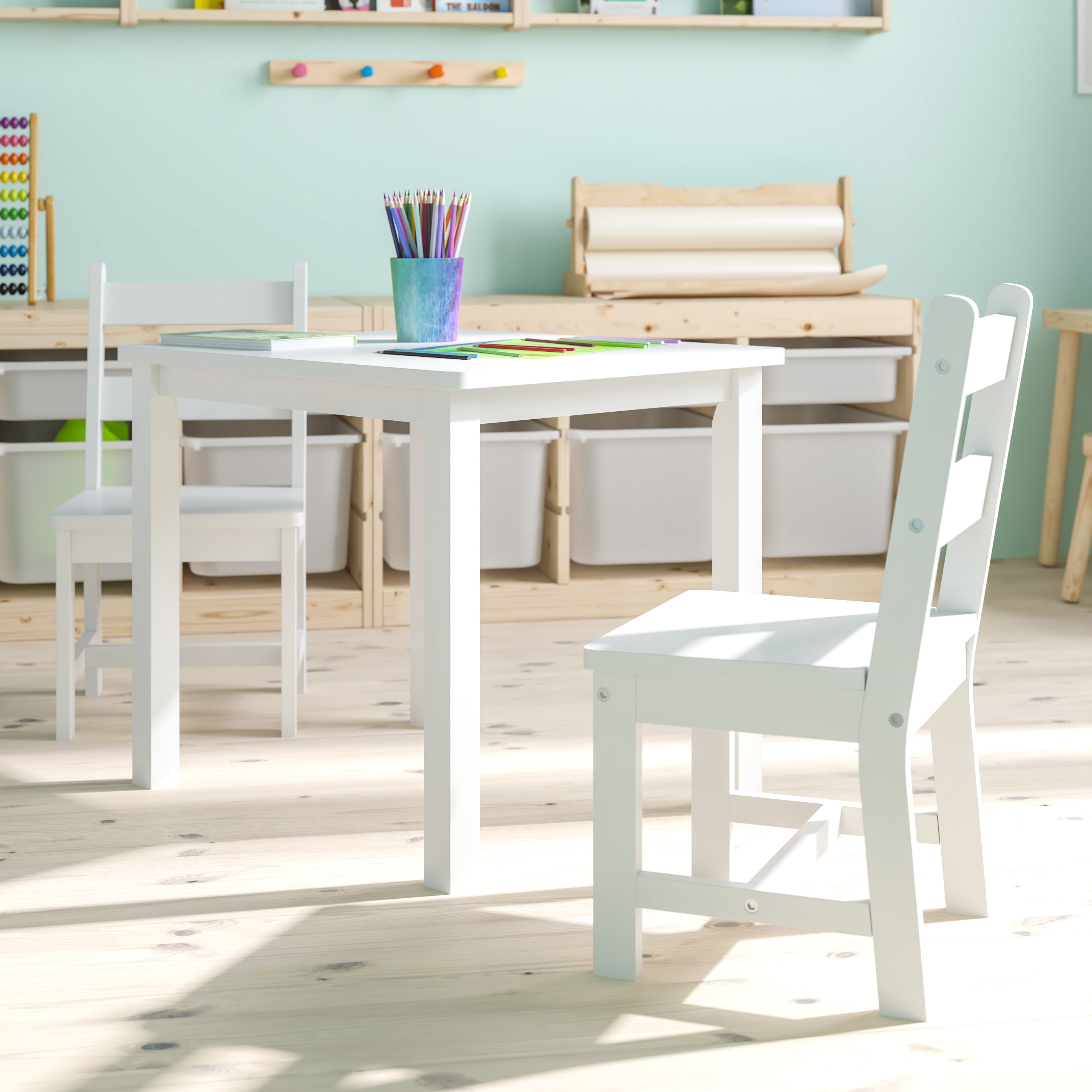 Kyndl Kids Solid Hardwood Table and Chair Set for Playroom, Bedroom, Kitchen - 3 Piece Set - White