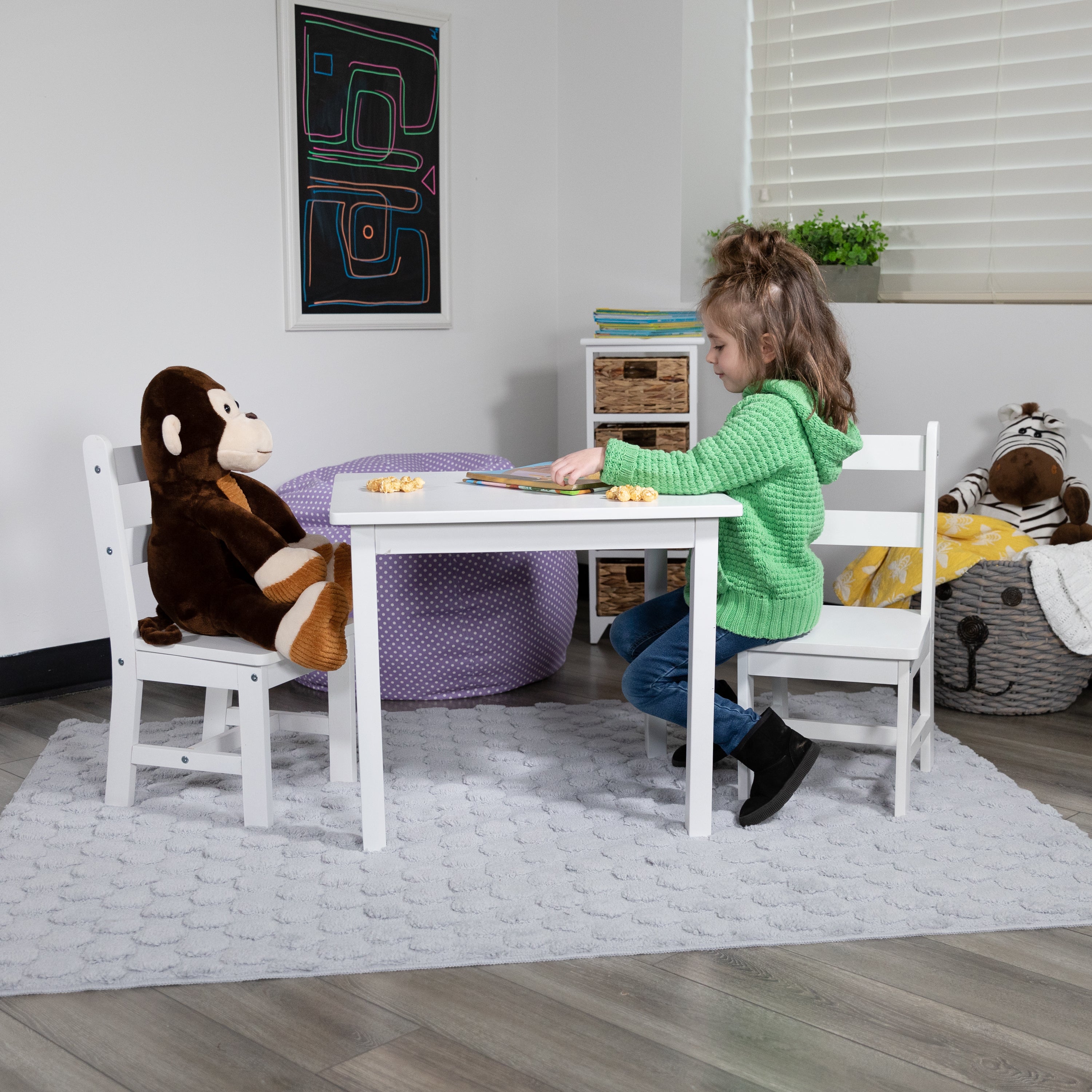 Kyndl Kids Solid Hardwood Table and Chair Set for Playroom, Bedroom, Kitchen - 3 Piece Set - White