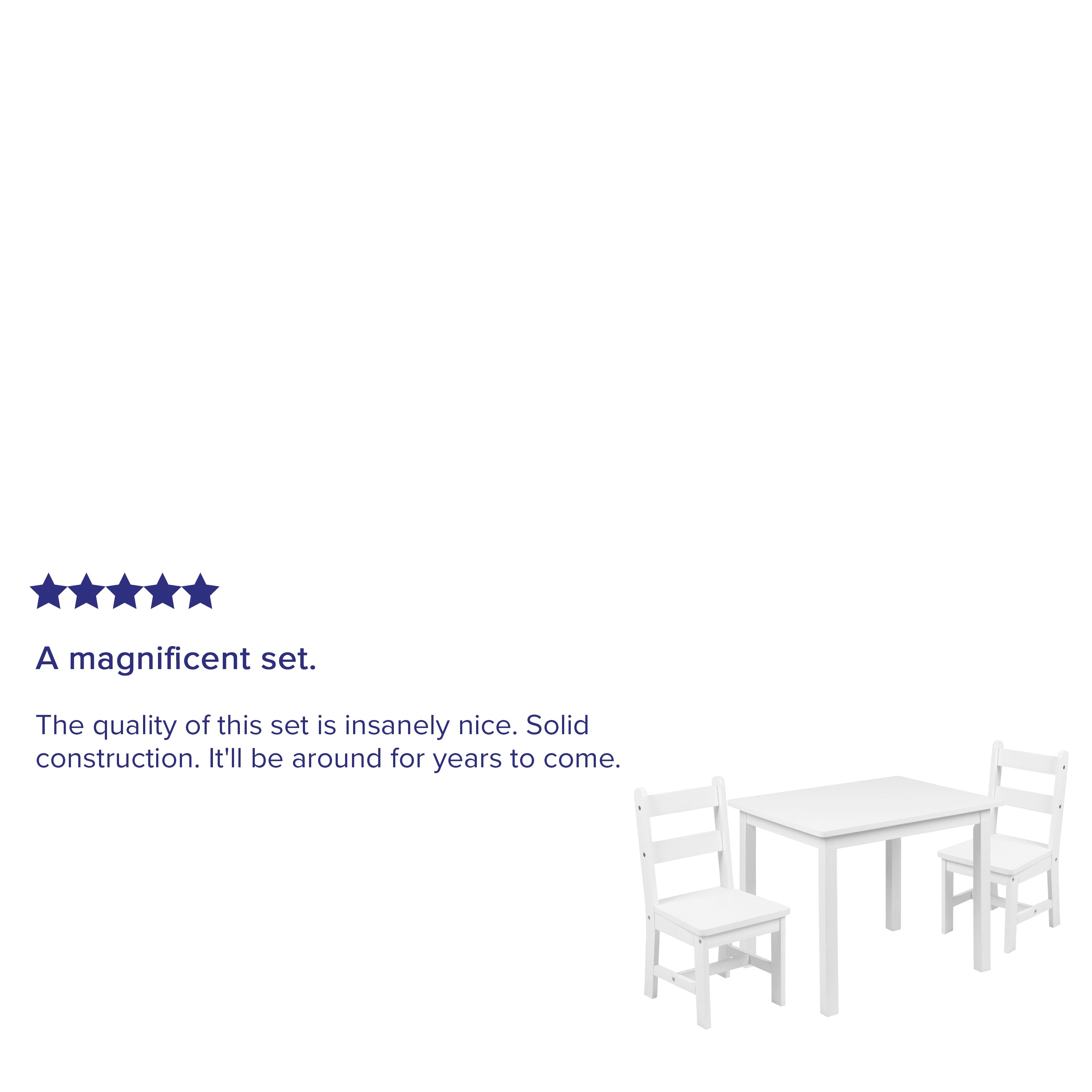 Kyndl Kids Solid Hardwood Table and Chair Set for Playroom, Bedroom, Kitchen - 3 Piece Set - White