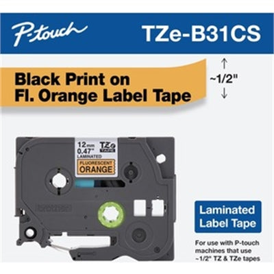 Brother TZe-B31CS, 0.47&amp;quot; x 16.4&amp;apos;, Black on Fluorescent Orange Laminated Label Tape