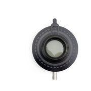 Precision glass polarisation filter, which is in a mounting on a steel rod and can be rotated on a ball-bearing. With angular scale marked in 1° intervals.