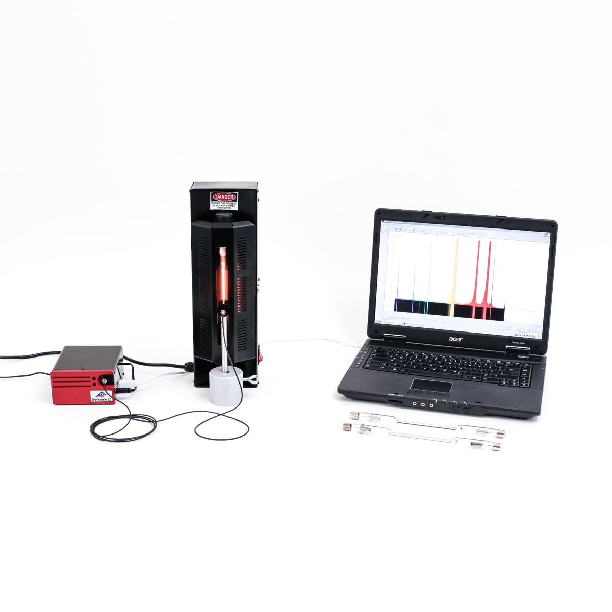 Digital spectrometer for quantitative emission and absorption analysis, transmission curve recording, and calorimetry/kinetics measurements. Uses a Czerny–Turner monochromator and CCD detector with built-in entry slit and fibre-optic light input.