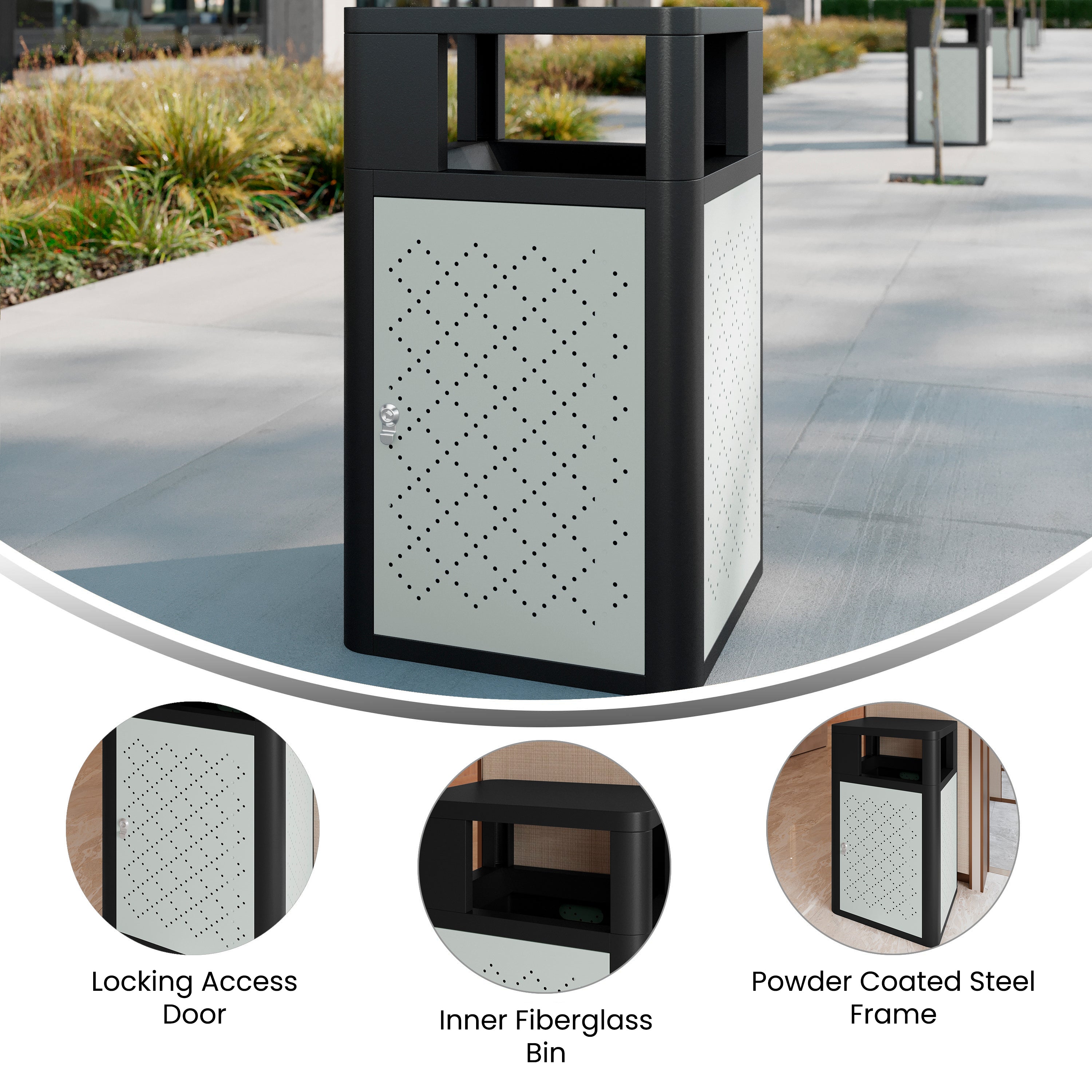 Brooks 31.4 Gallon Indoor-Outdoor Steel Trash Can with Locking Access Door and Removable Inner Fiberglass Bin, Black/Silver