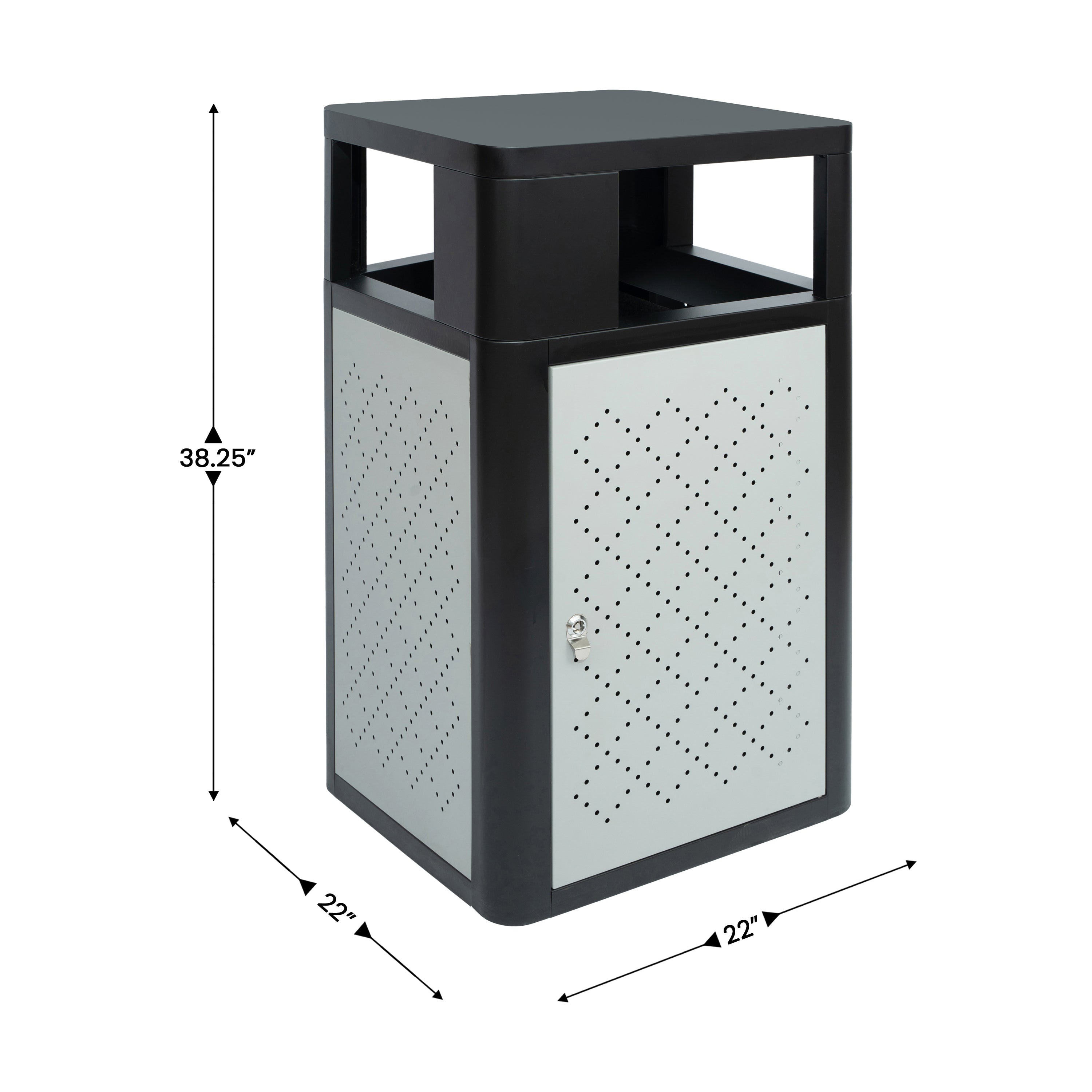 Brooks 31.4 Gallon Indoor-Outdoor Steel Trash Can with Locking Access Door and Removable Inner Fiberglass Bin, Black/Silver