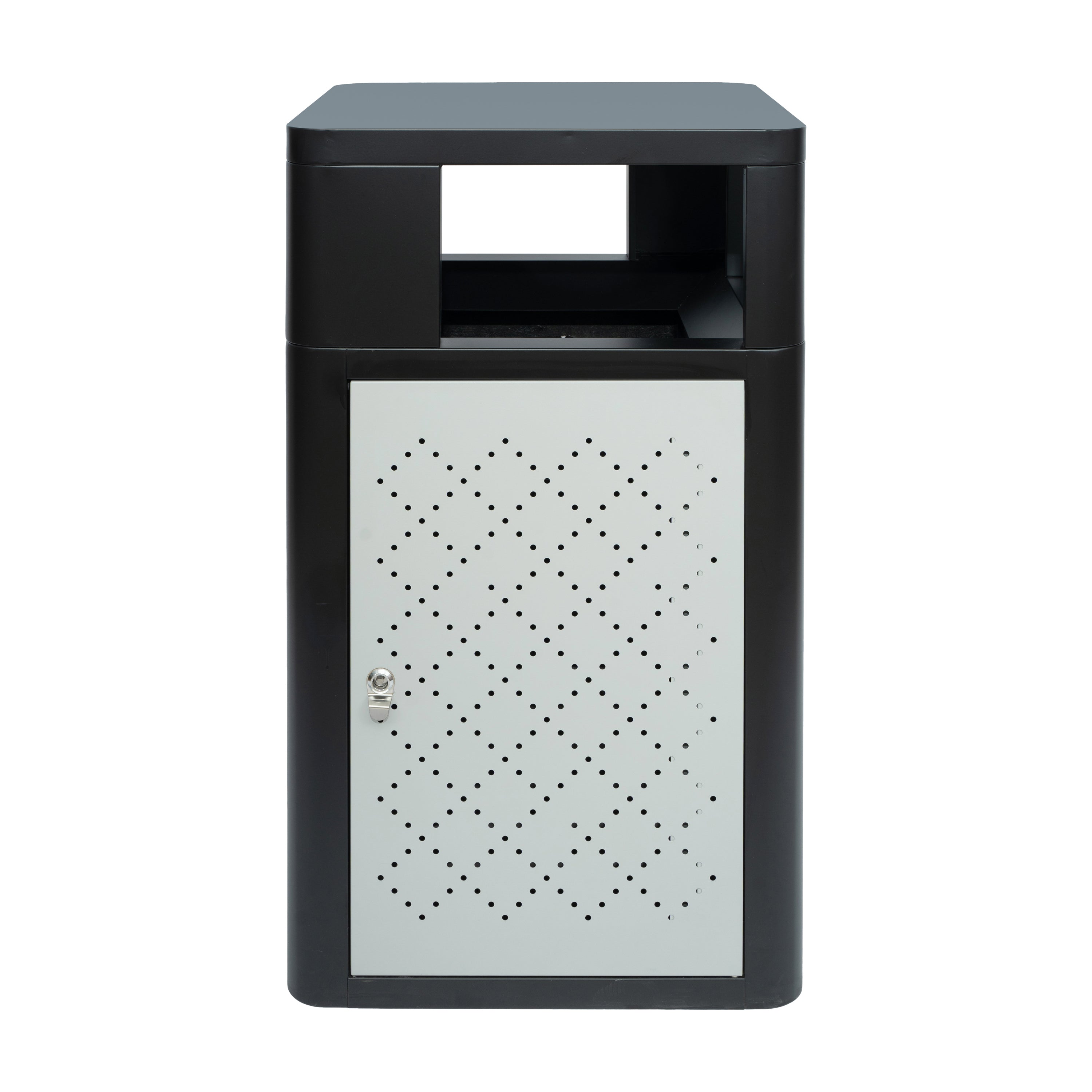 Brooks 31.4 Gallon Indoor-Outdoor Steel Trash Can with Locking Access Door and Removable Inner Fiberglass Bin, Black/Silver
