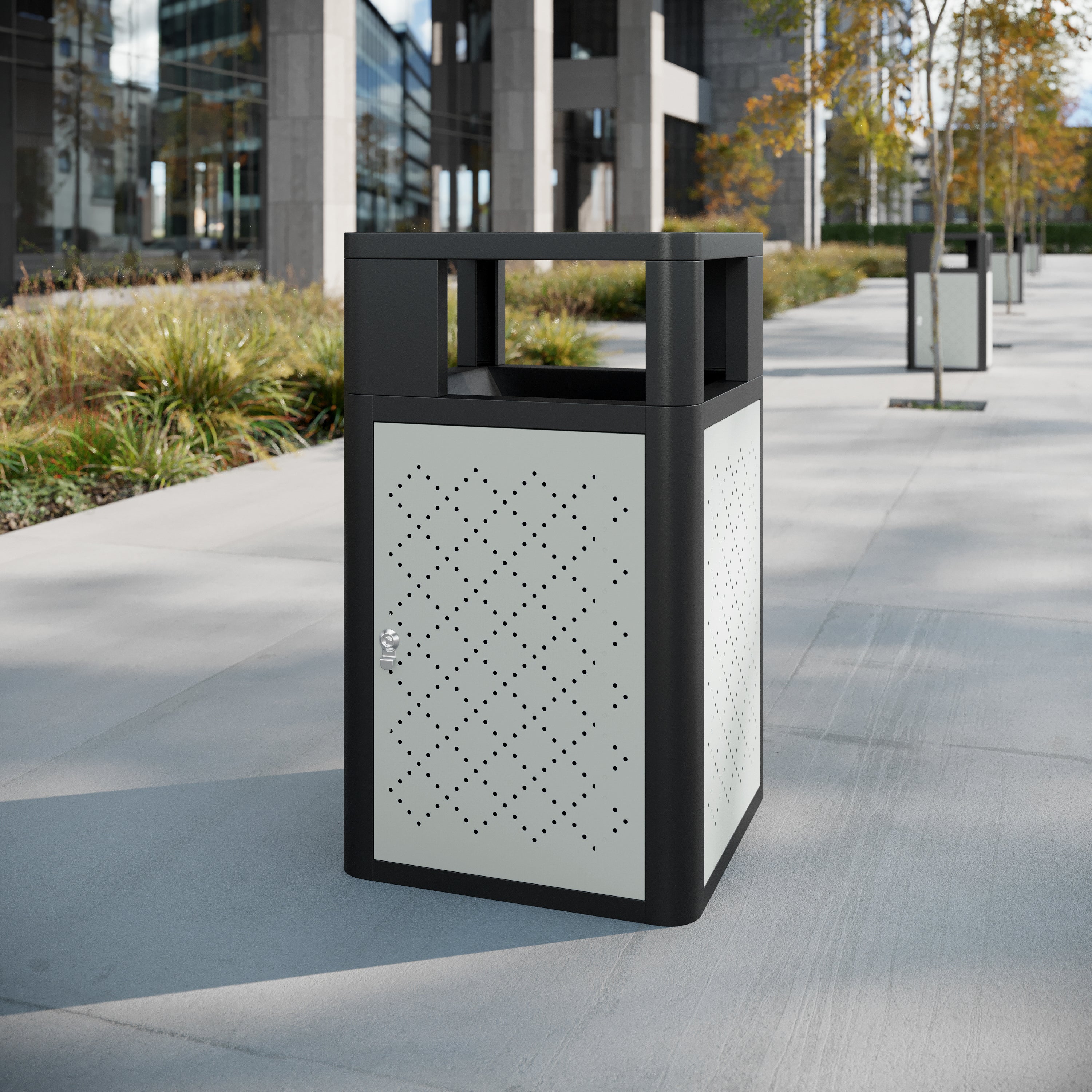 Brooks 31.4 Gallon Indoor-Outdoor Steel Trash Can with Locking Access Door and Removable Inner Fiberglass Bin, Black/Silver